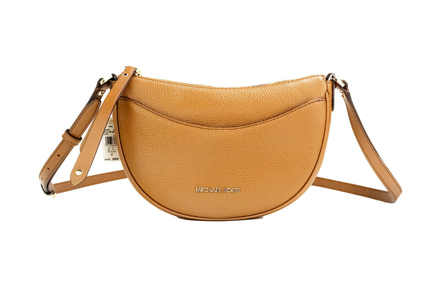 Michael Kors Dover Small Luggage Pebbled Leather Half Moon Crossbody Bag Purse.