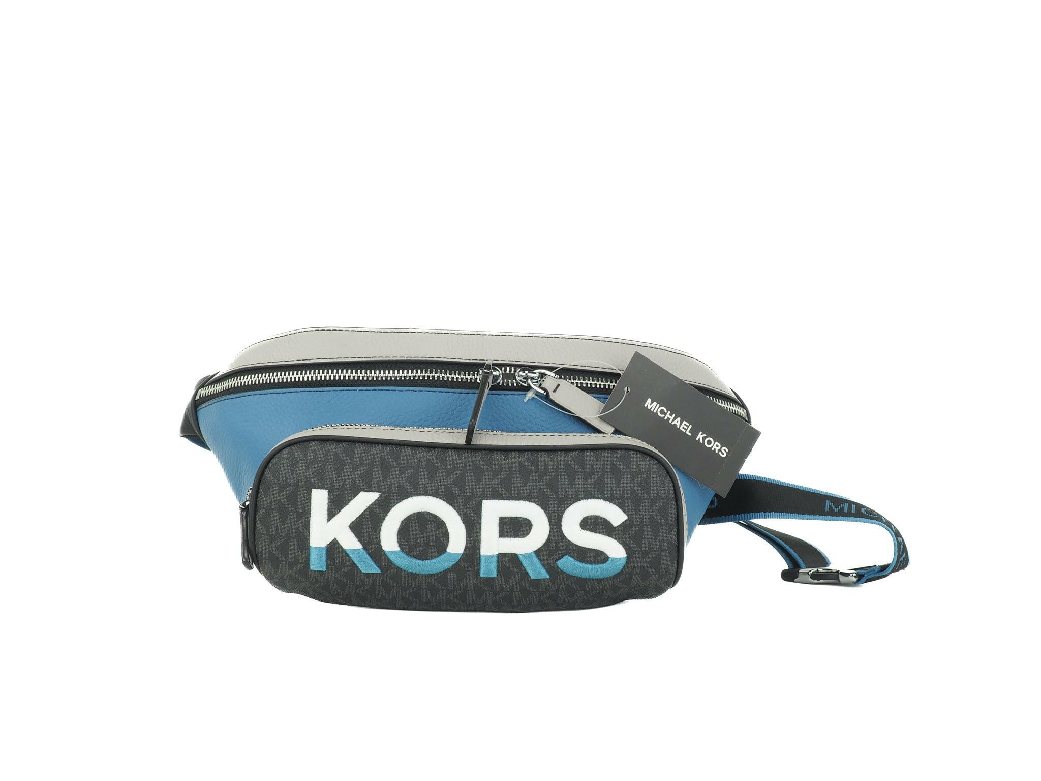 Michael Kors Cooper Large Blue Multi Leather Embroidered Logo Utility Belt Bag.