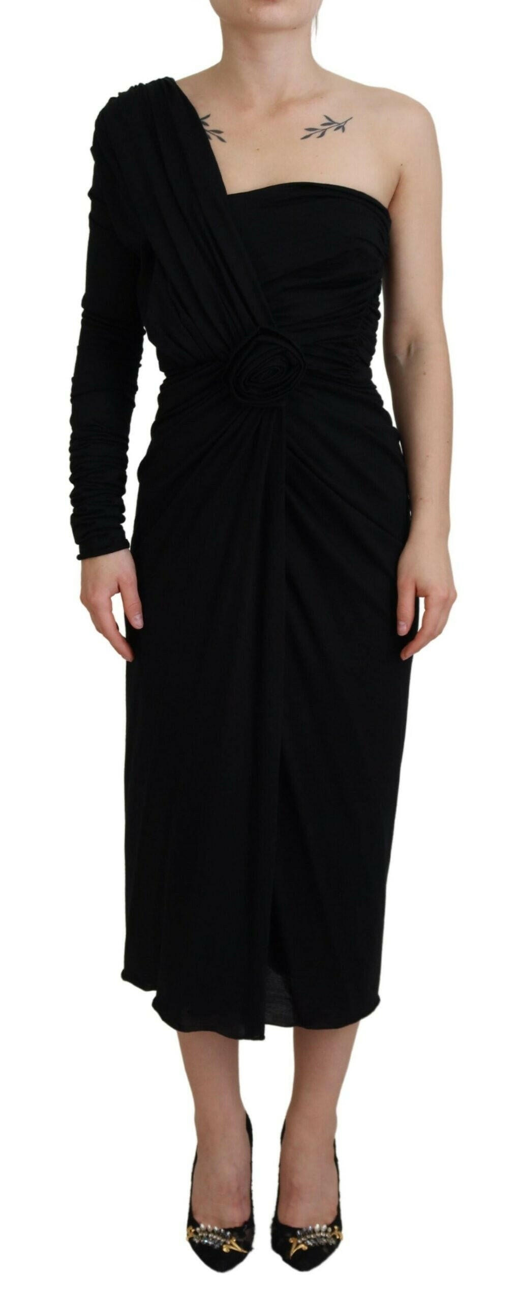 Dolce & Gabbana Black Wrap Sheath One Shoulder Wool Dress.
