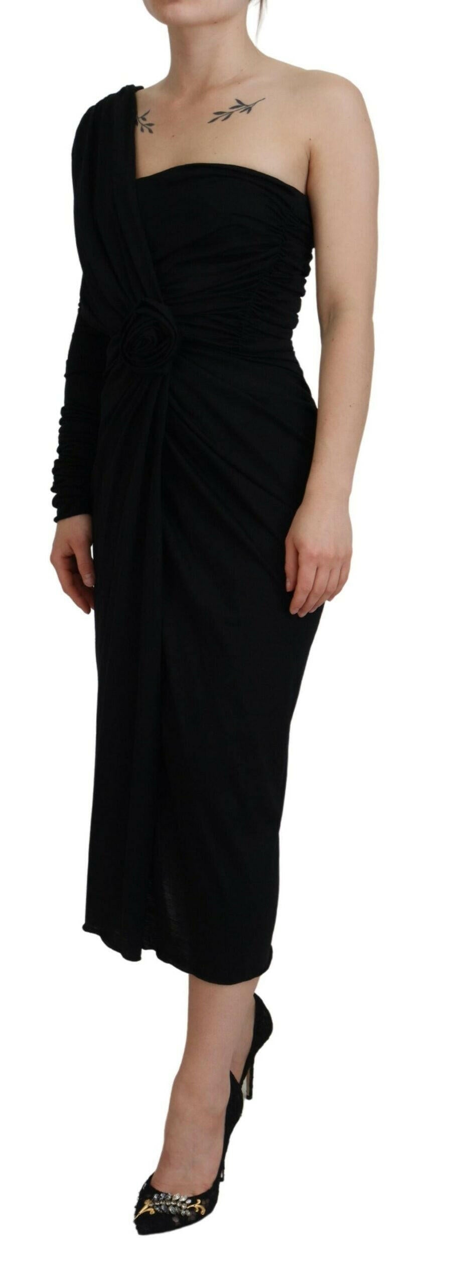 Dolce & Gabbana Black Wrap Sheath One Shoulder Wool Dress.