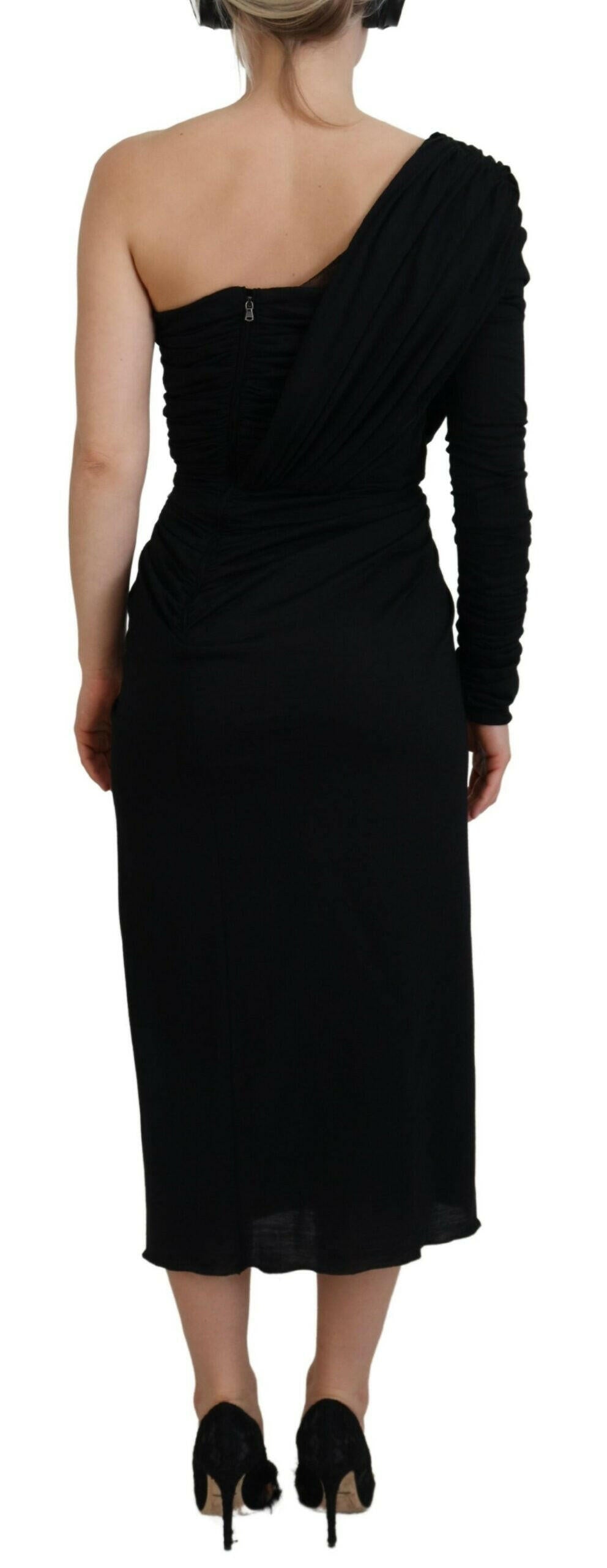 Dolce & Gabbana Black Wrap Sheath One Shoulder Wool Dress.
