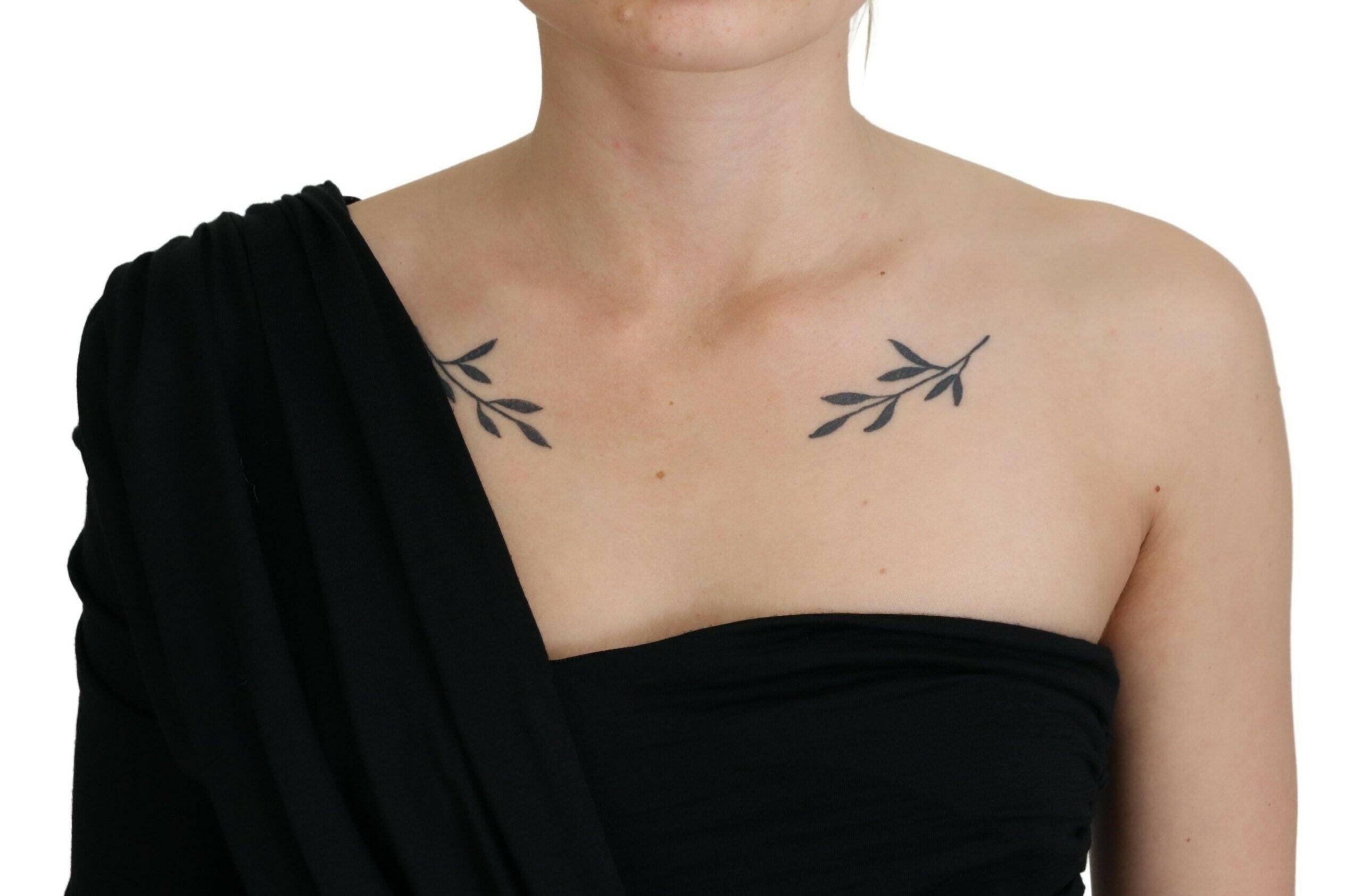 Dolce & Gabbana Black Wrap Sheath One Shoulder Wool Dress.