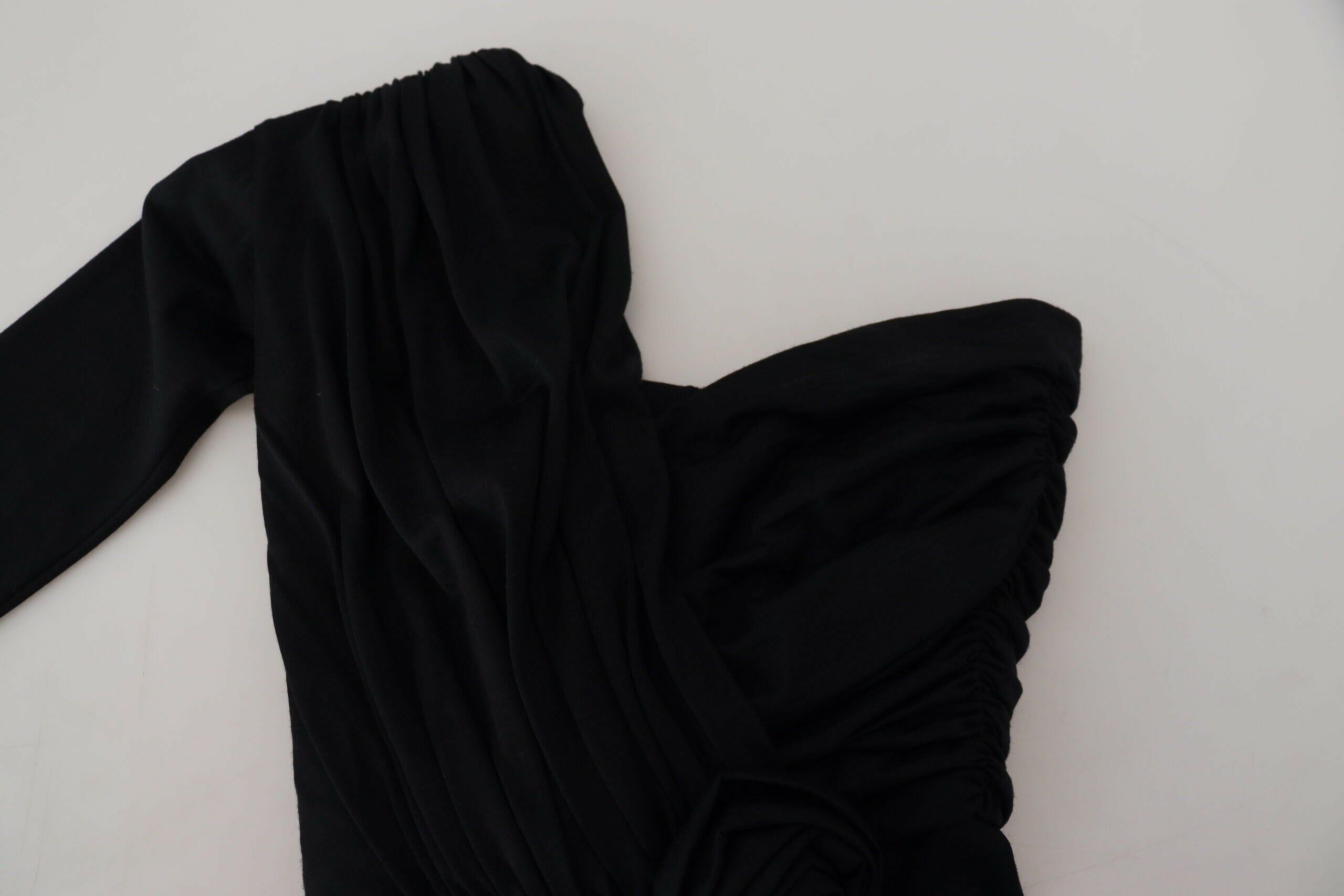Dolce & Gabbana Black Wrap Sheath One Shoulder Wool Dress.