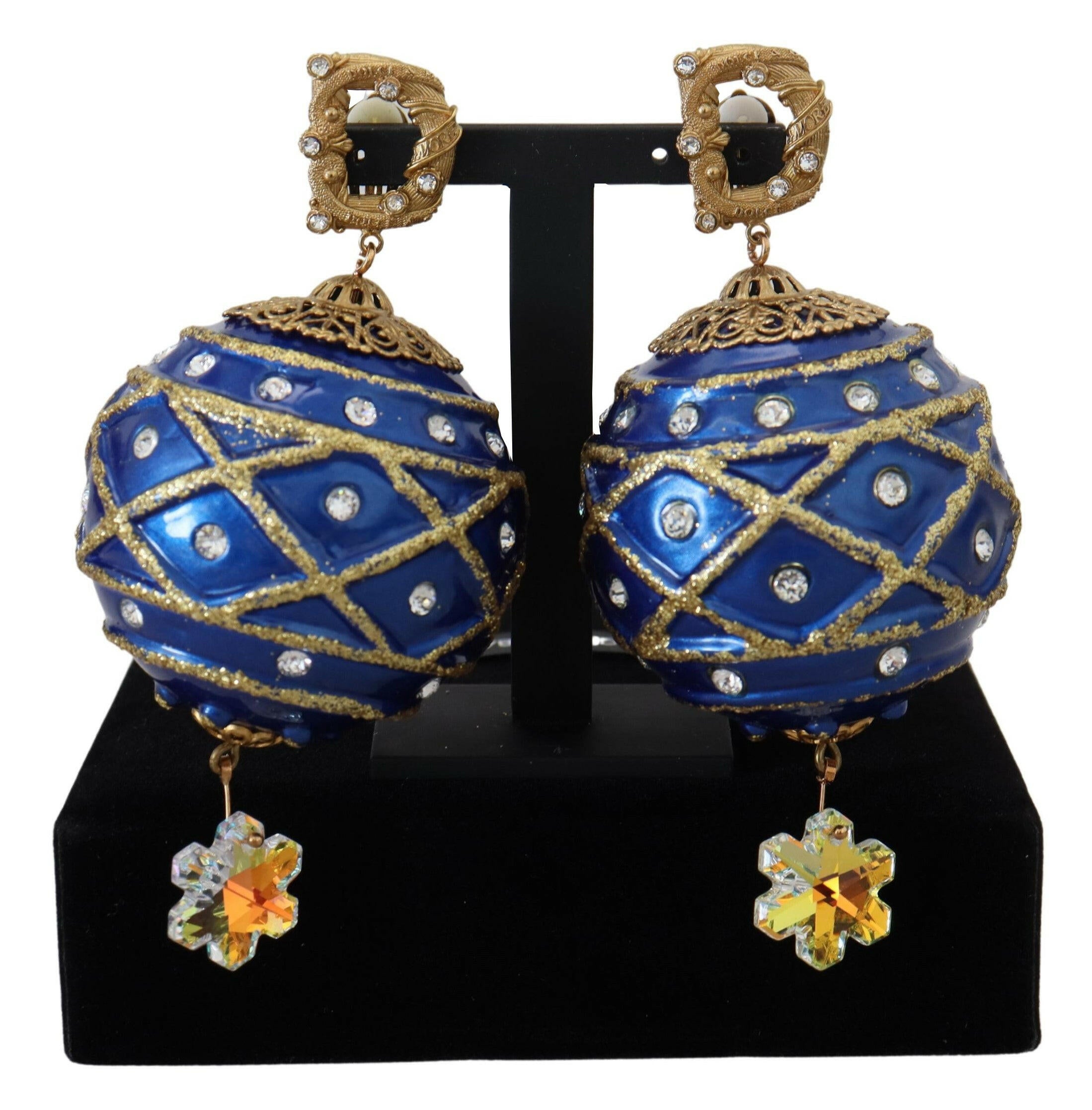 Dolce & Gabbana Gold Brass Blue Dangle Ball Crystal Clip On Earrings.