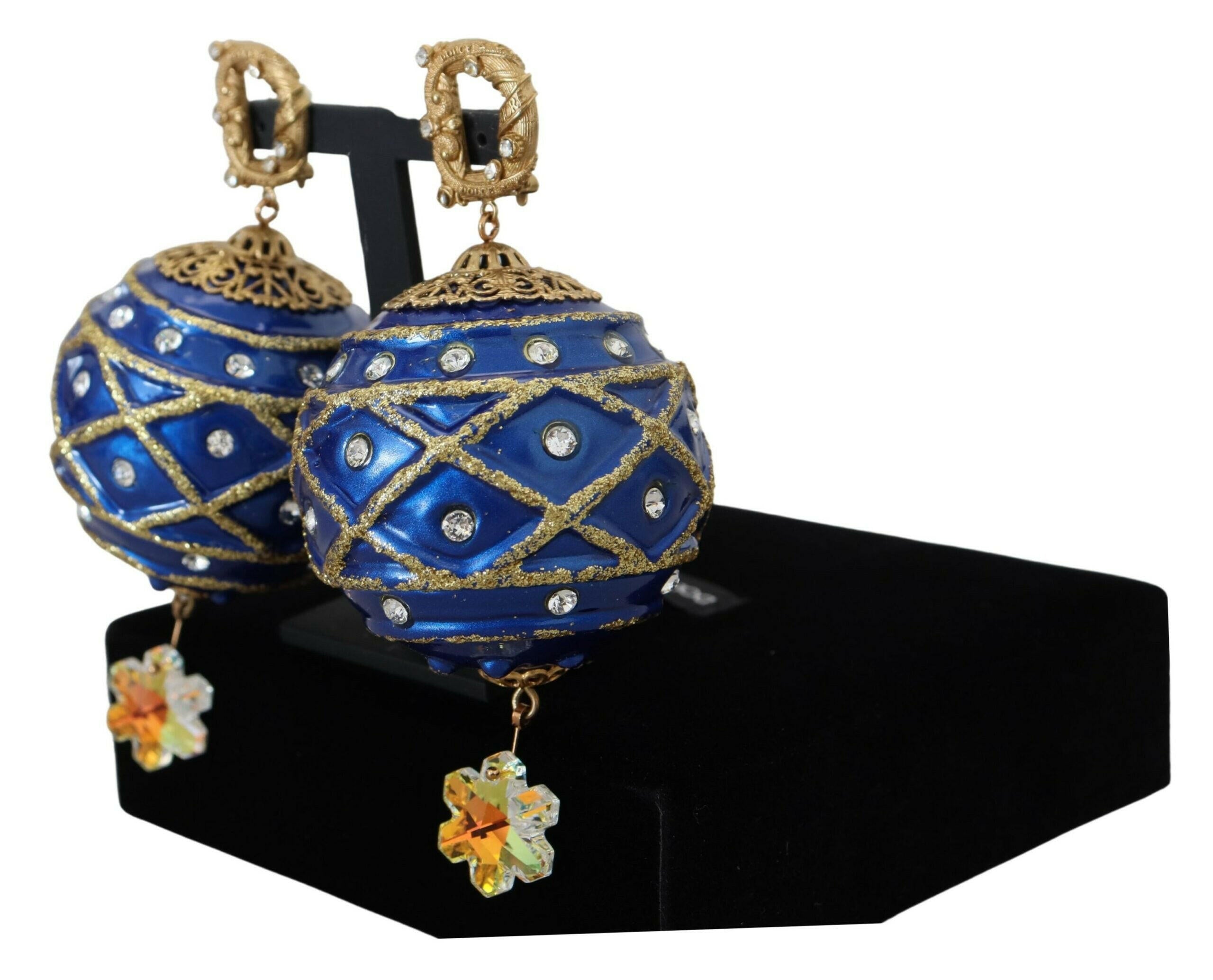 Dolce & Gabbana Gold Brass Blue Dangle Ball Crystal Clip On Earrings.