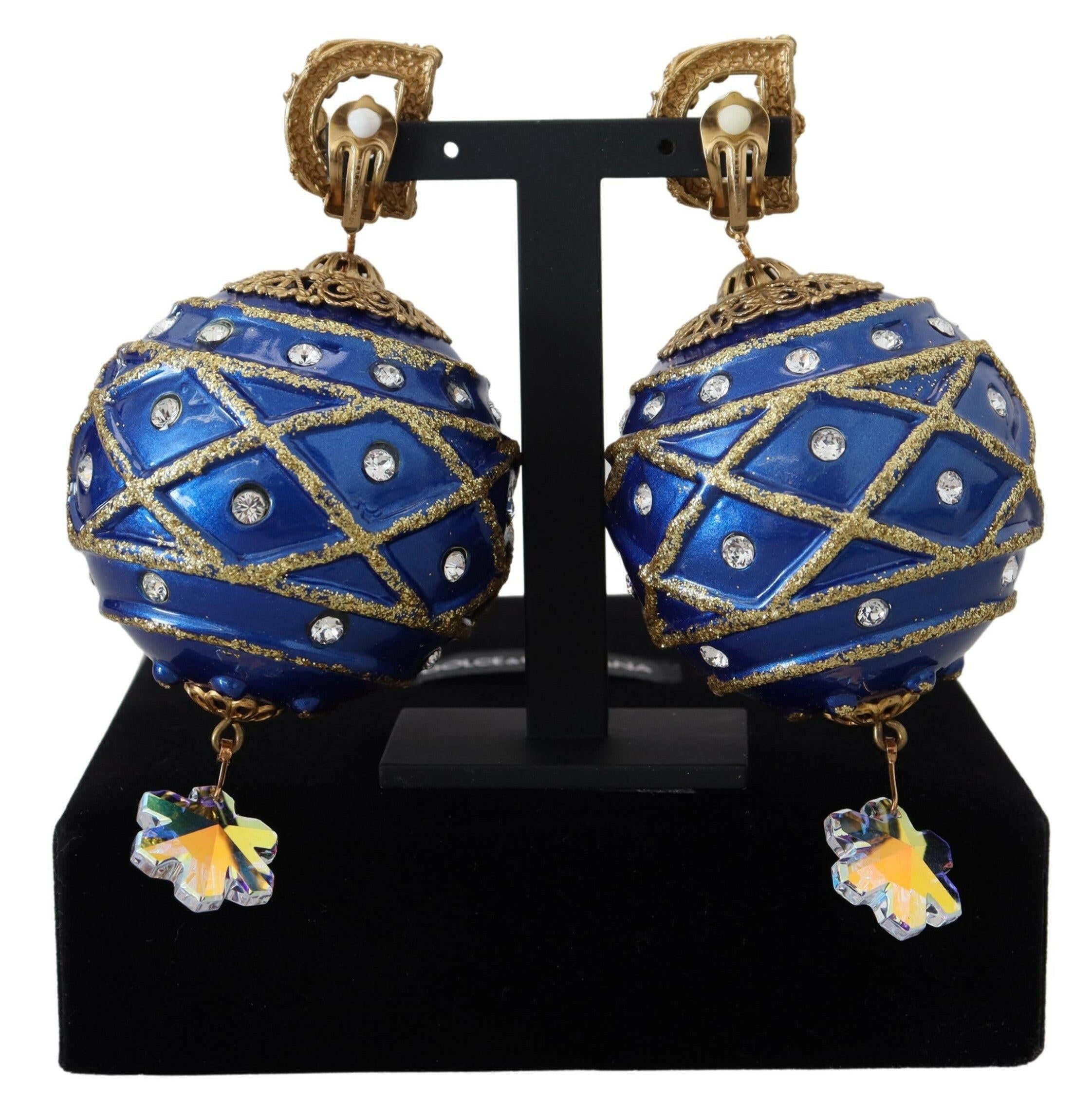 Dolce & Gabbana Gold Brass Blue Dangle Ball Crystal Clip On Earrings.