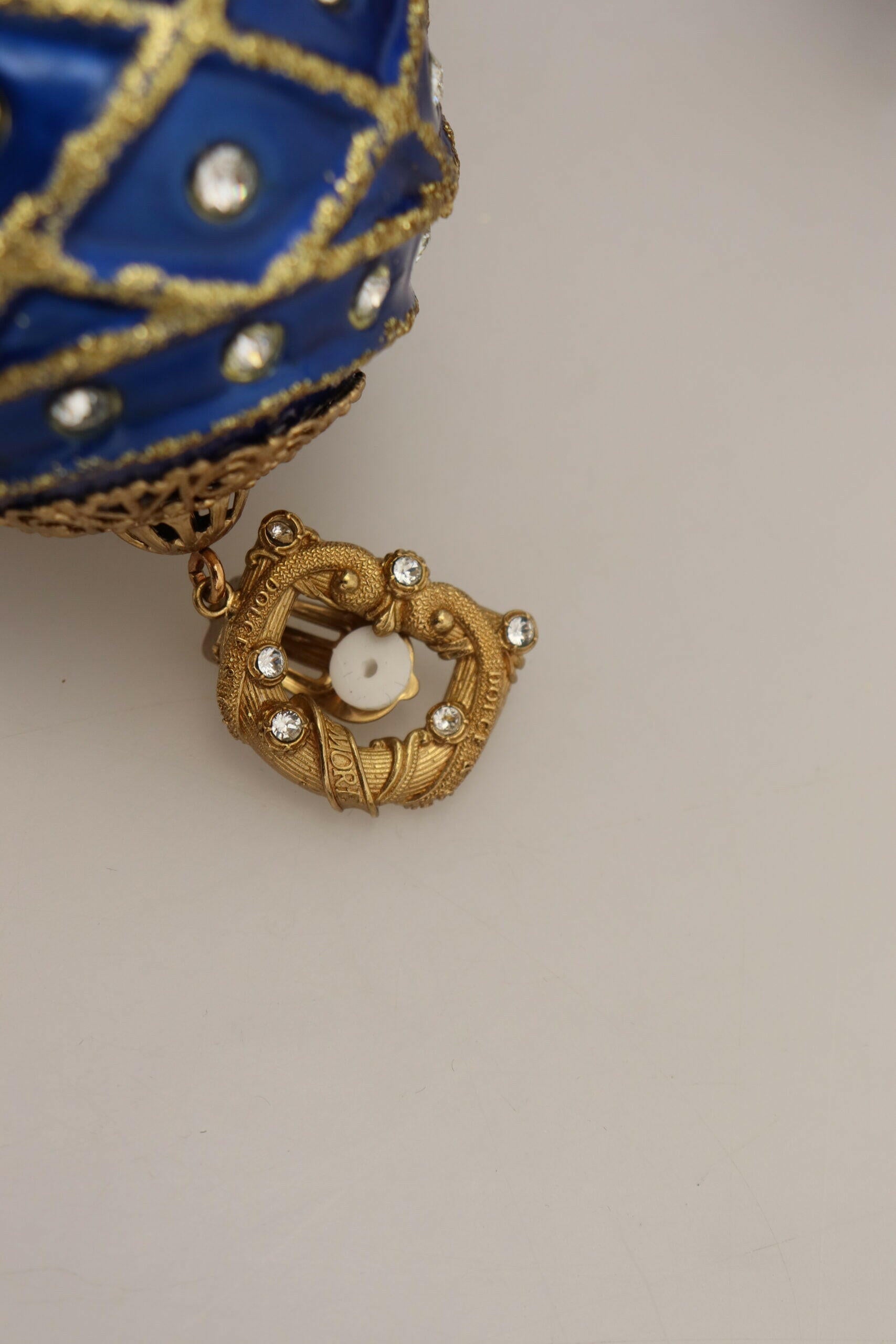 Dolce & Gabbana Gold Brass Blue Dangle Ball Crystal Clip On Earrings.