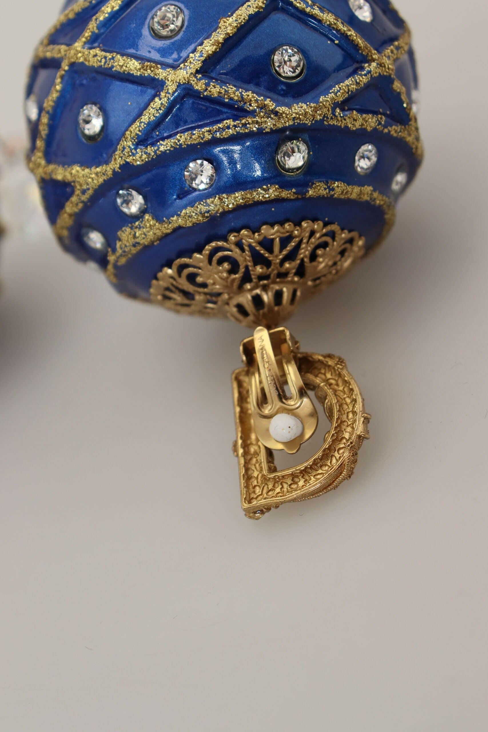 Dolce & Gabbana Gold Brass Blue Dangle Ball Crystal Clip On Earrings.