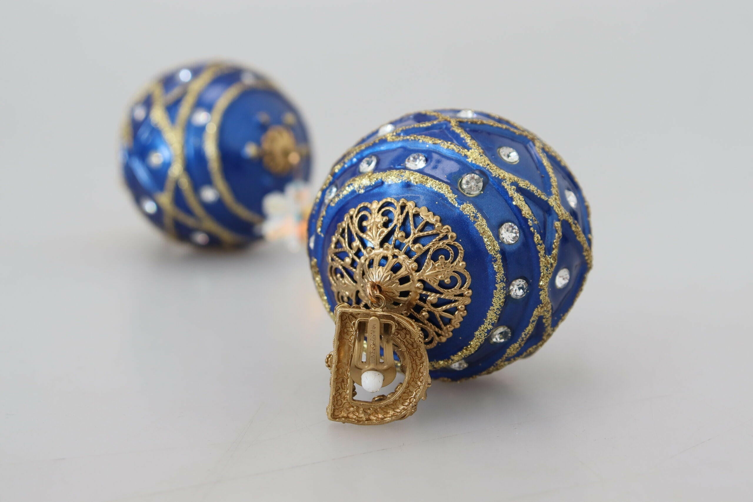 Dolce & Gabbana Gold Brass Blue Dangle Ball Crystal Clip On Earrings.