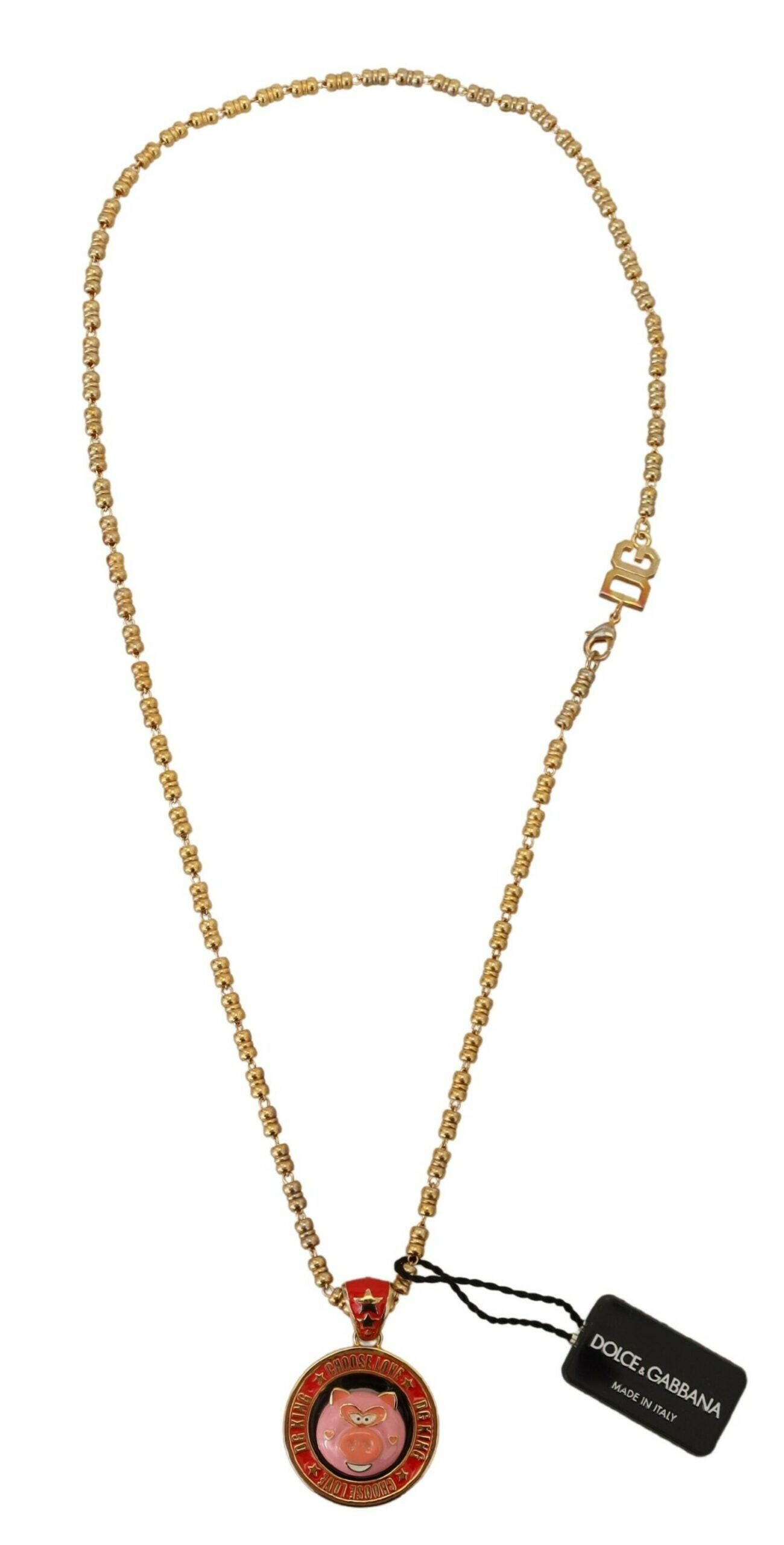 Dolce & Gabbana Gold Brass Chain SUPER PIG Pendant Logo Necklace.