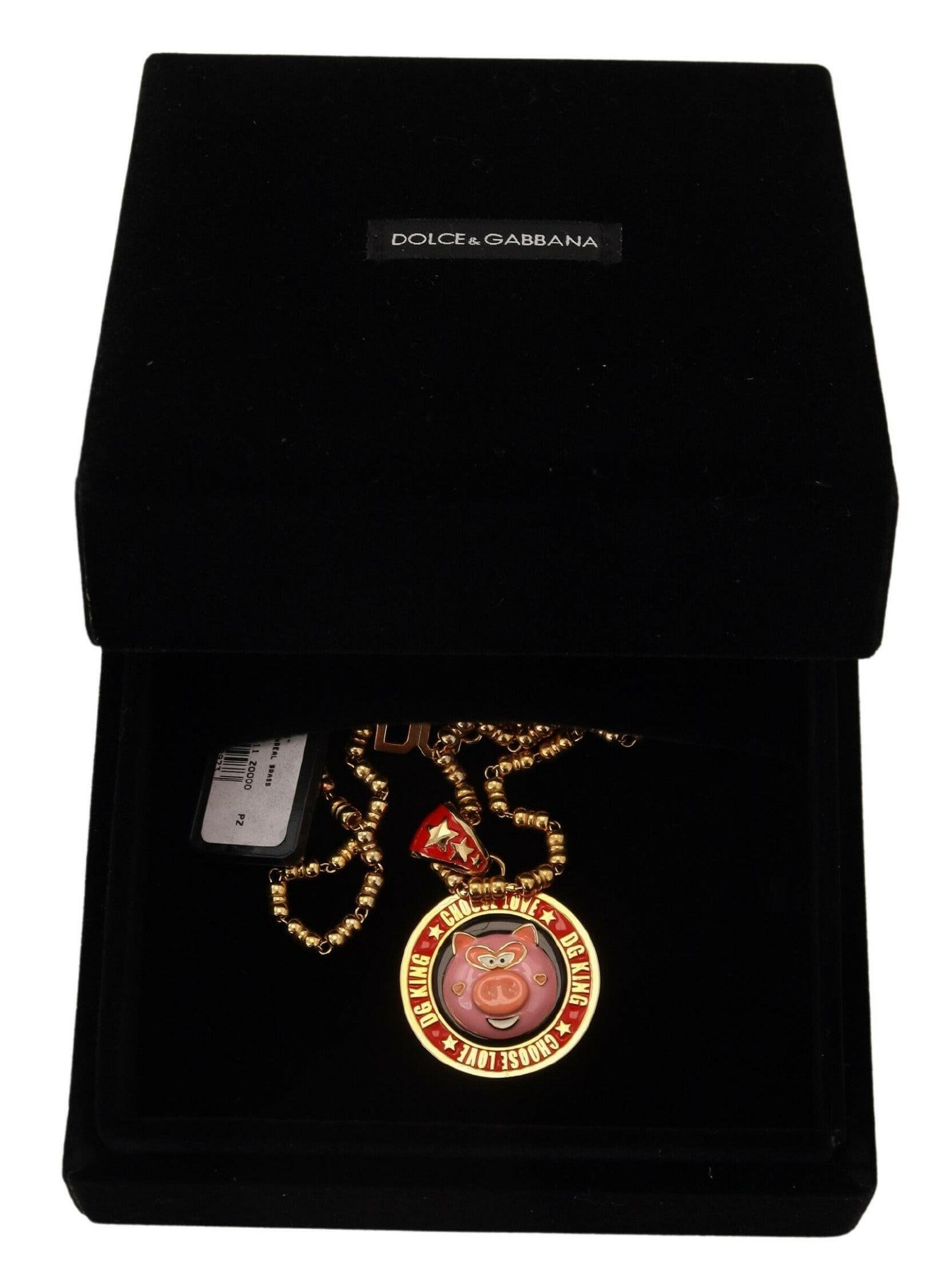 Dolce & Gabbana Gold Brass Chain SUPER PIG Pendant Logo Necklace.