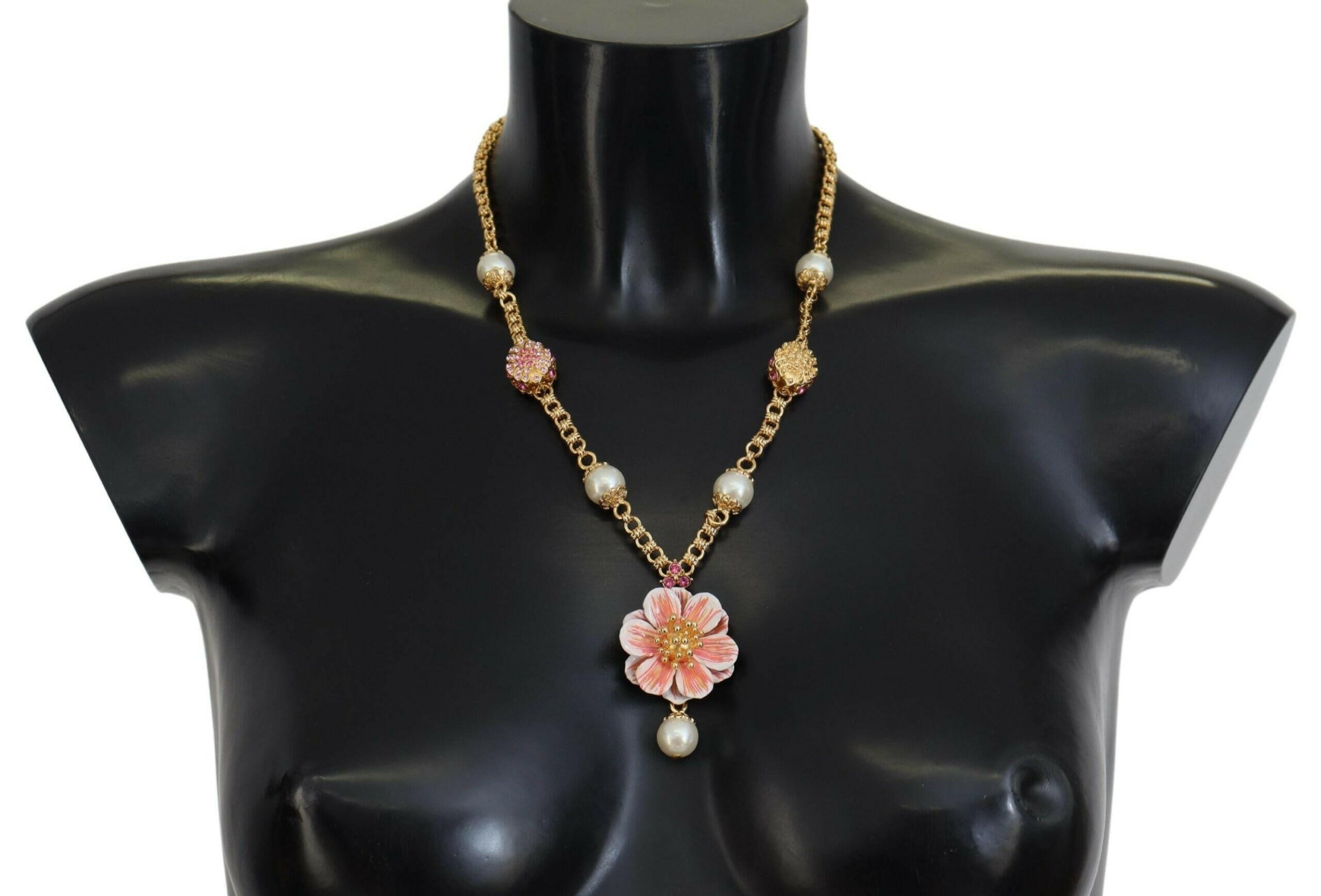 Dolce & Gabbana Gold Tone Floral Crystals Pink Embellished Necklace.