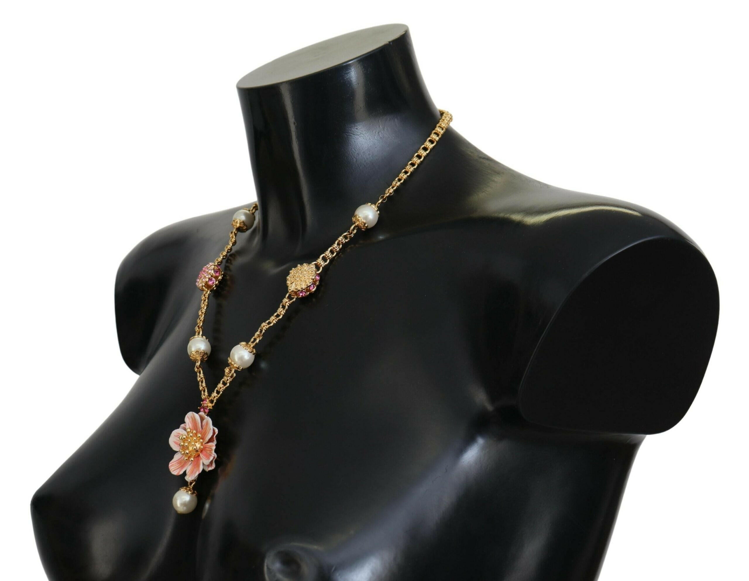 Dolce & Gabbana Gold Tone Floral Crystals Pink Embellished Necklace.