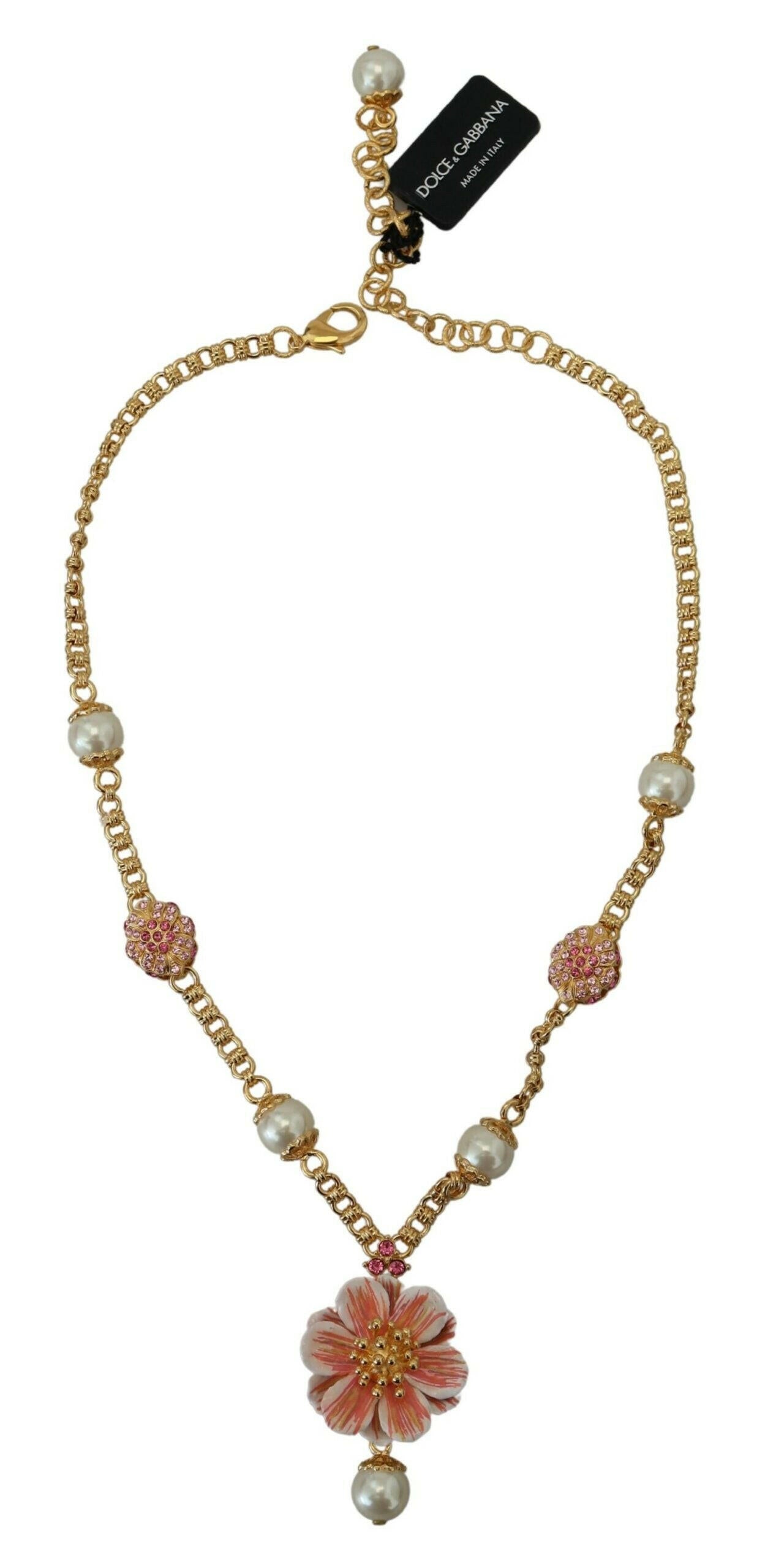 Dolce & Gabbana Gold Tone Floral Crystals Pink Embellished Necklace.