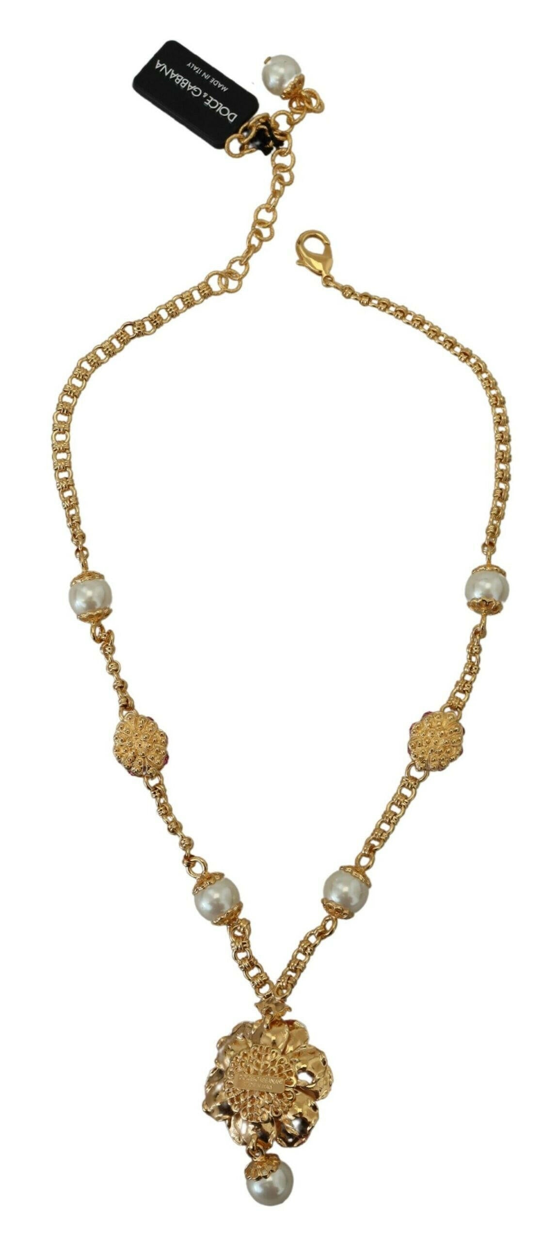 Dolce & Gabbana Gold Tone Floral Crystals Pink Embellished Necklace.