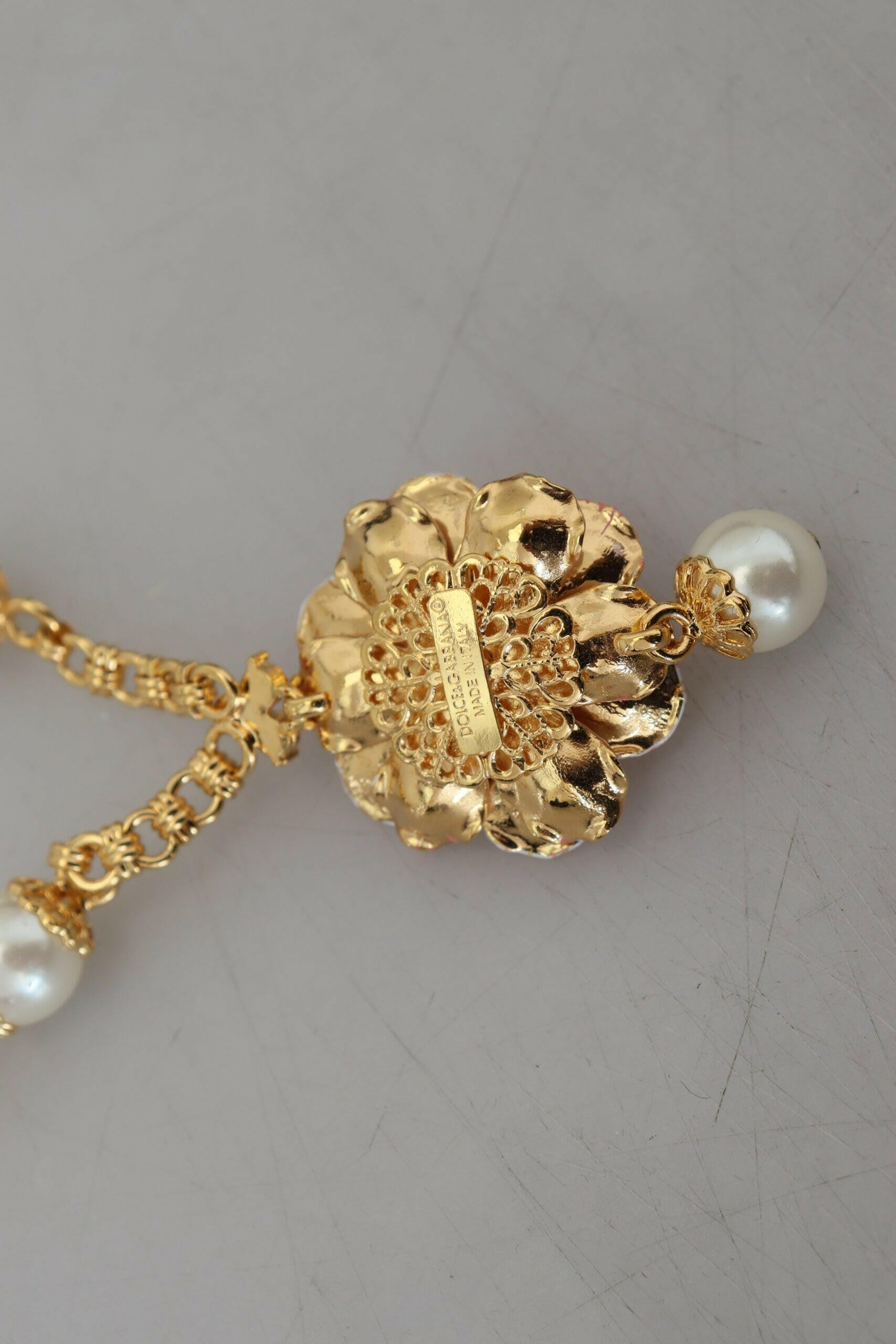 Dolce & Gabbana Gold Tone Floral Crystals Pink Embellished Necklace.