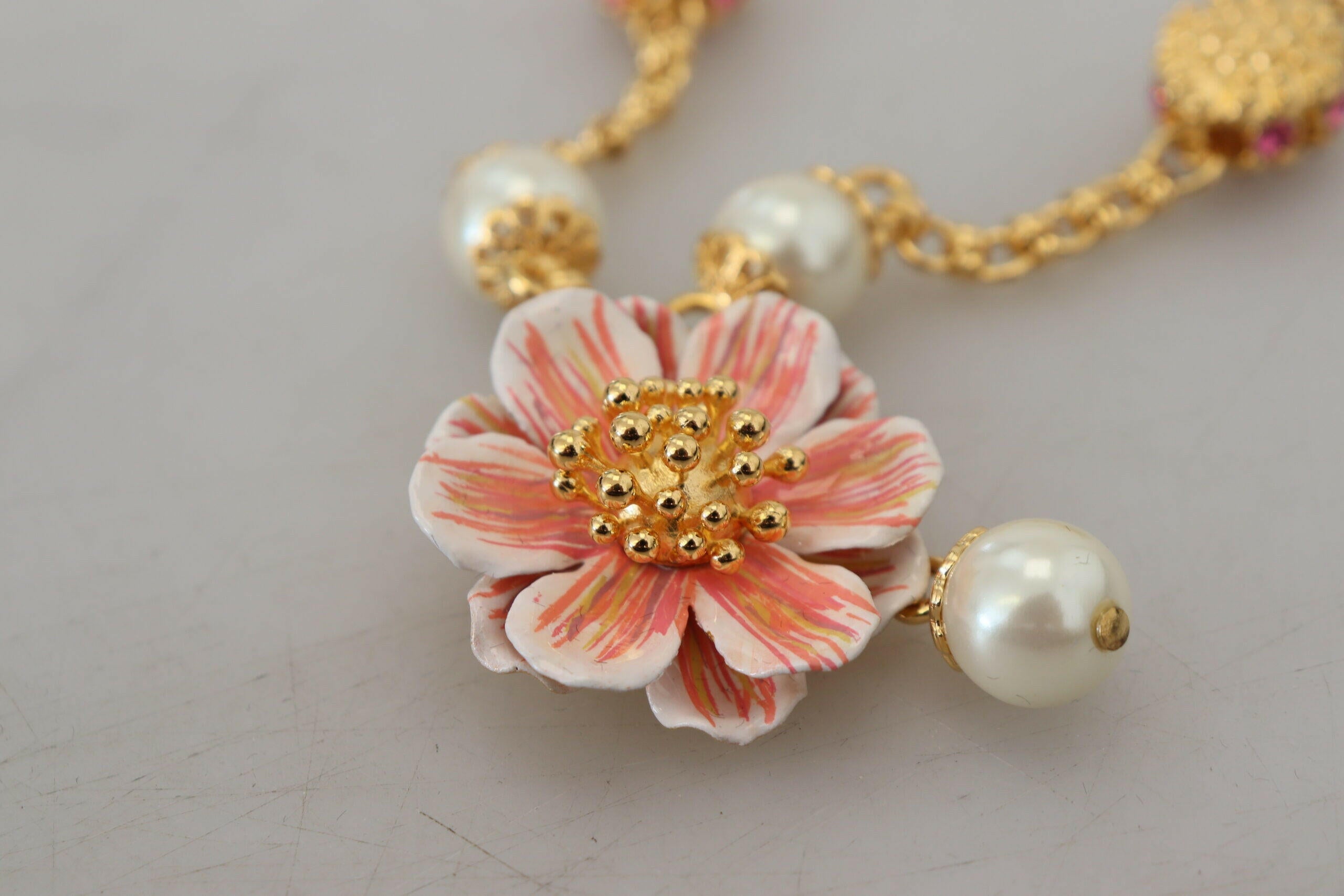 Dolce & Gabbana Gold Tone Floral Crystals Pink Embellished Necklace.
