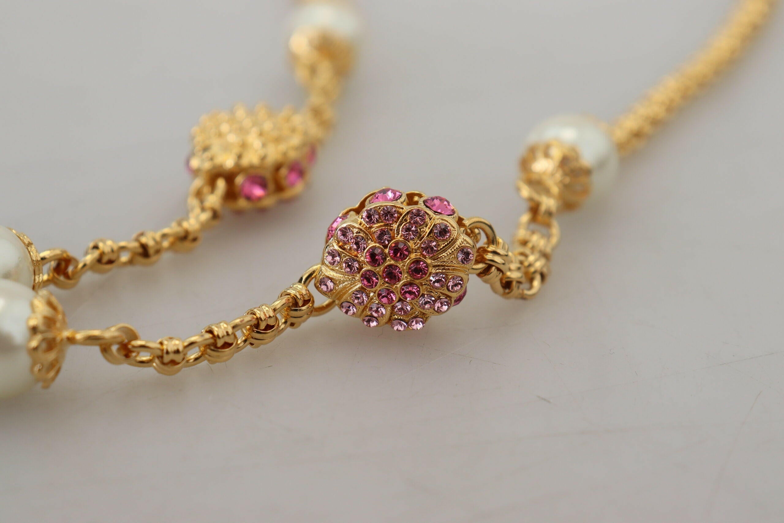 Dolce & Gabbana Gold Tone Floral Crystals Pink Embellished Necklace.