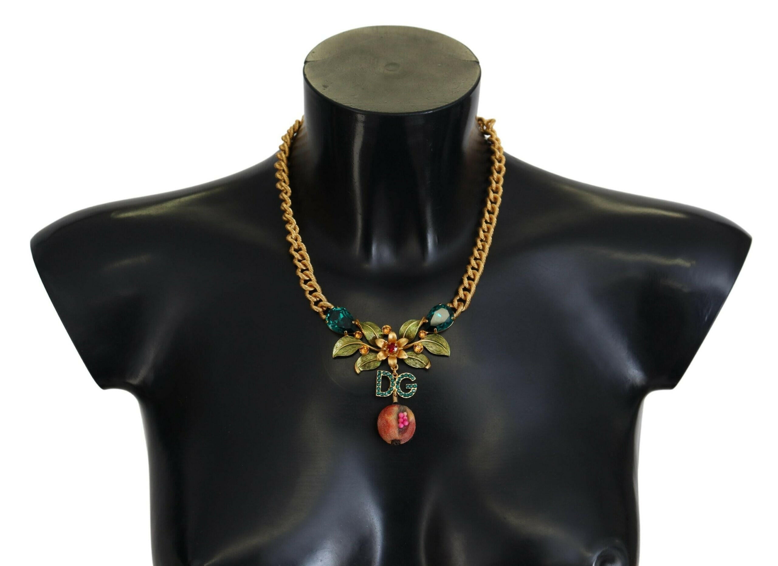 Dolce & Gabbana Gold Brass Crystal Logo Fruit Floral Statement Necklace.