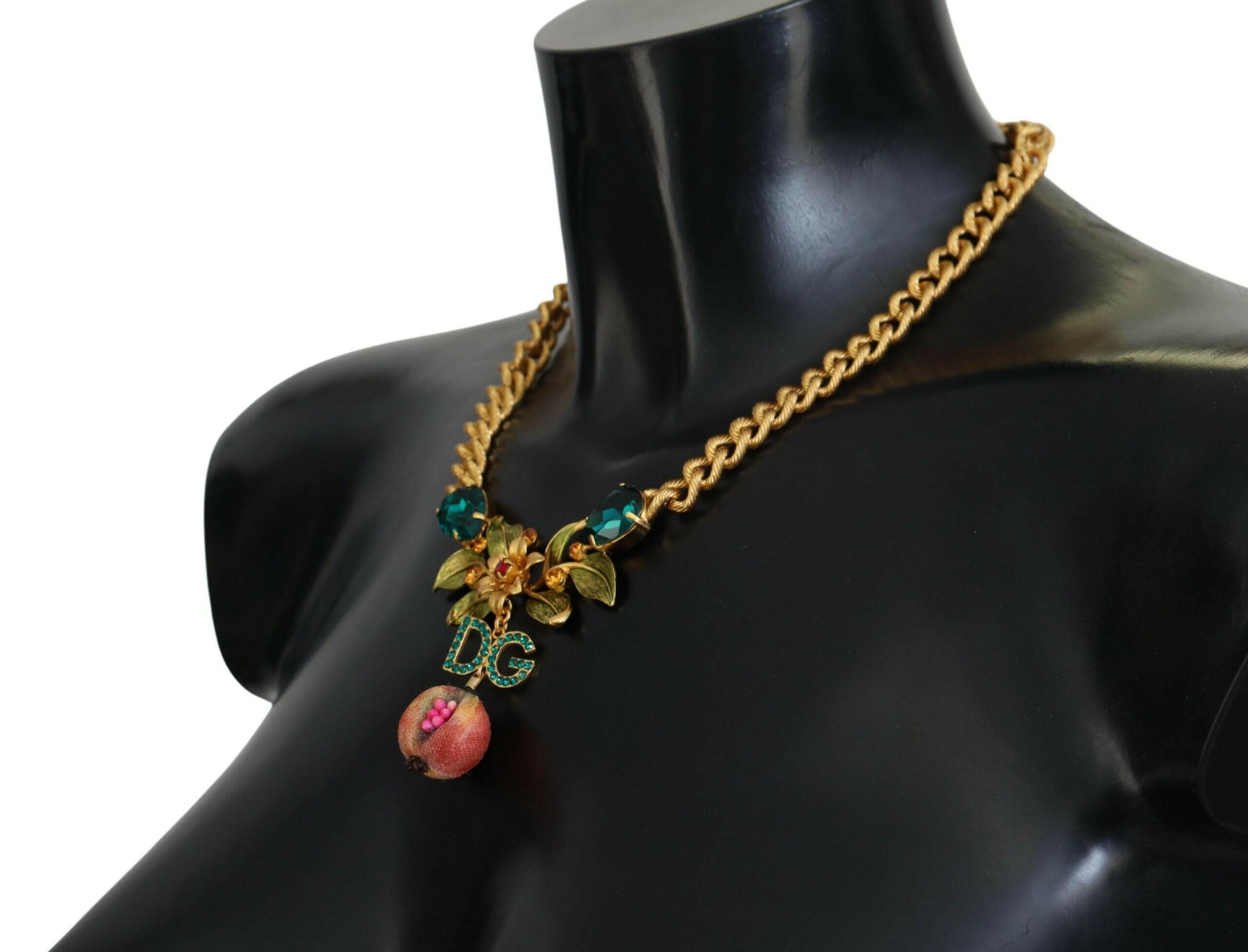 Dolce & Gabbana Gold Brass Crystal Logo Fruit Floral Statement Necklace.