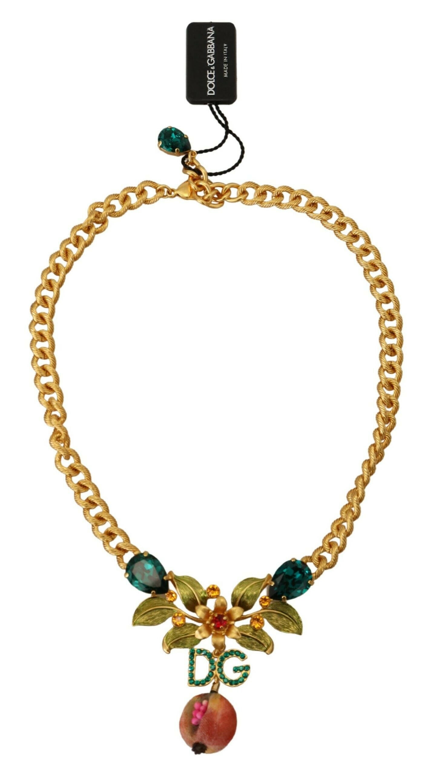 Dolce & Gabbana Gold Brass Crystal Logo Fruit Floral Statement Necklace.