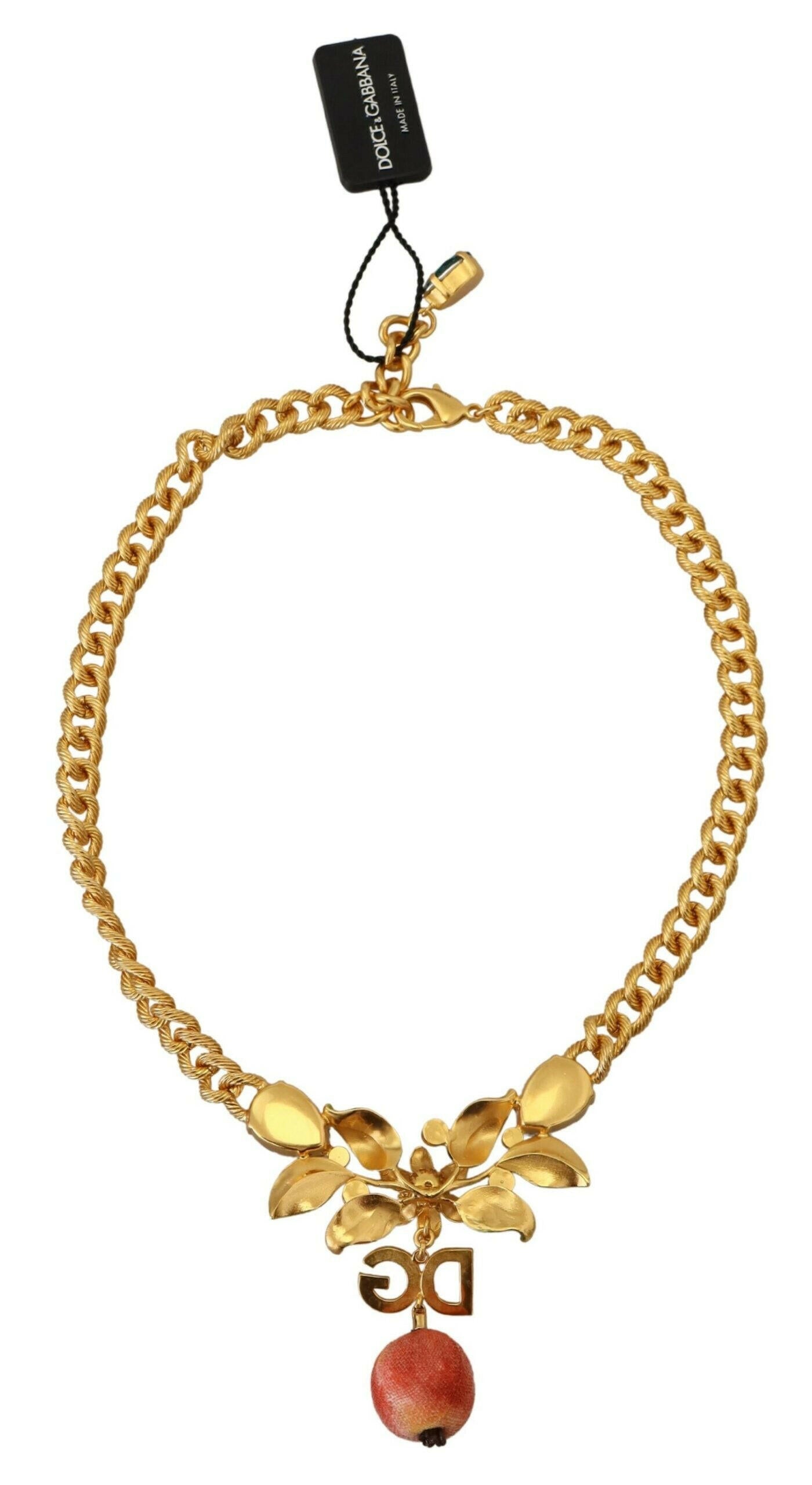 Dolce & Gabbana Gold Brass Crystal Logo Fruit Floral Statement Necklace.