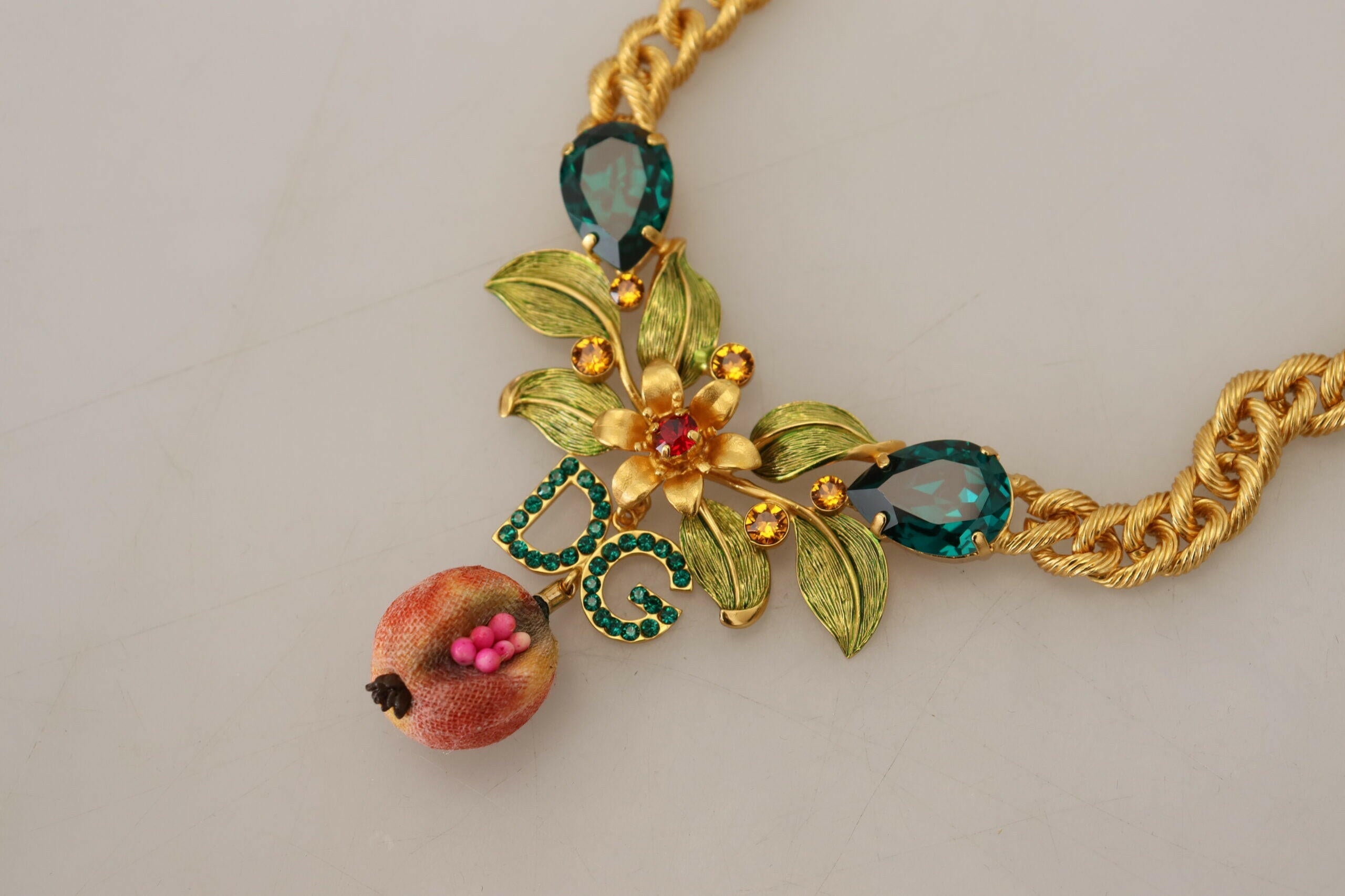 Dolce & Gabbana Gold Brass Crystal Logo Fruit Floral Statement Necklace.