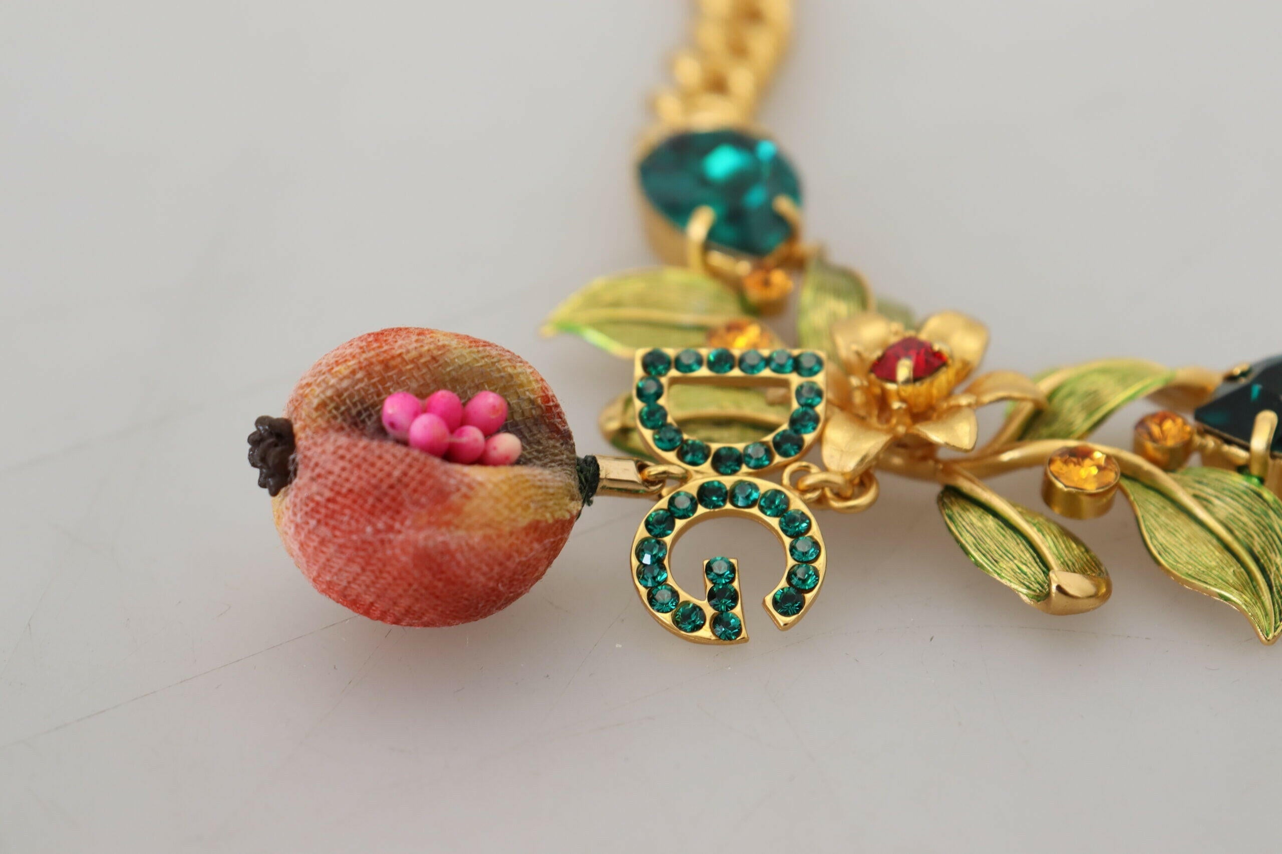 Dolce & Gabbana Gold Brass Crystal Logo Fruit Floral Statement Necklace.