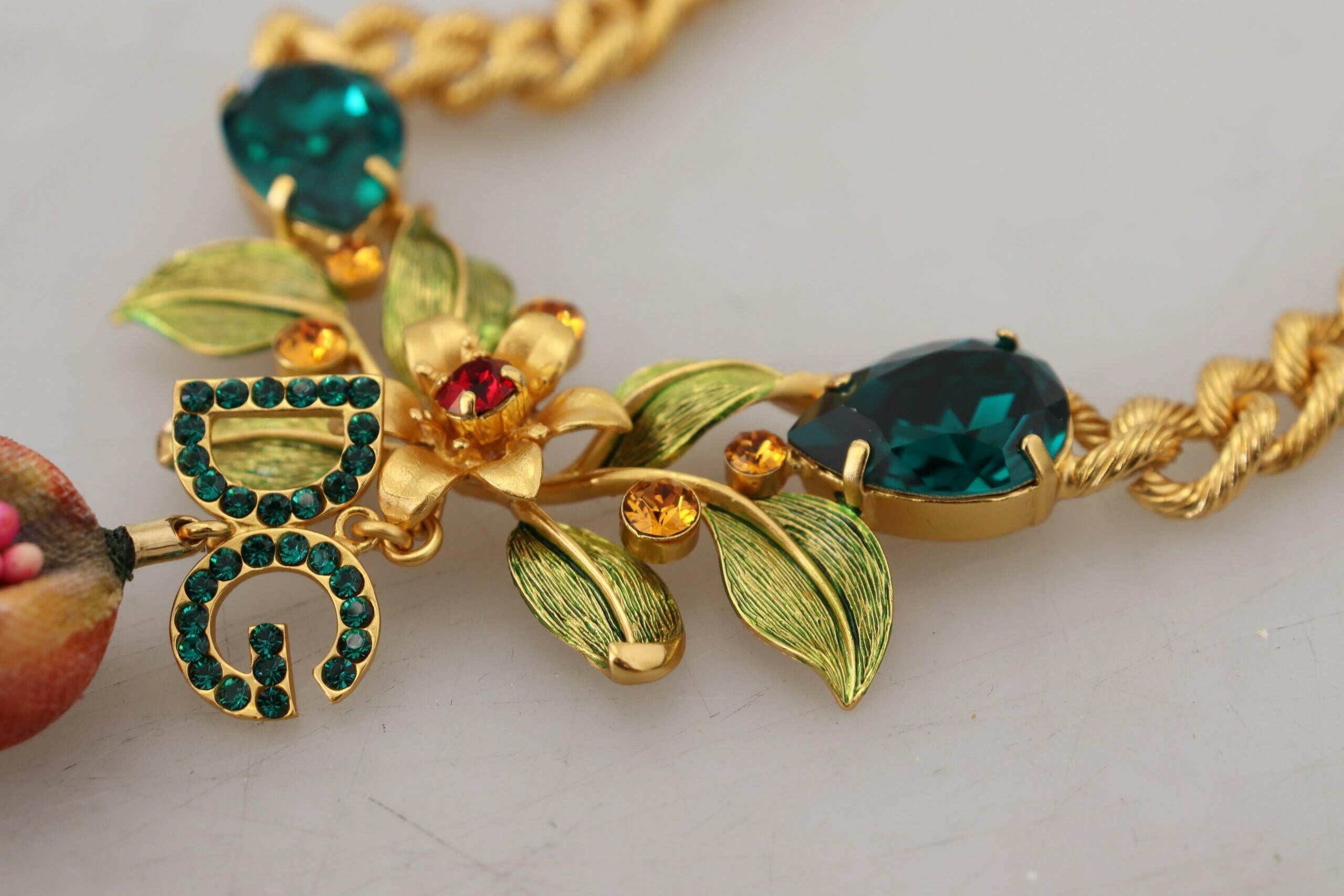 Dolce & Gabbana Gold Brass Crystal Logo Fruit Floral Statement Necklace.