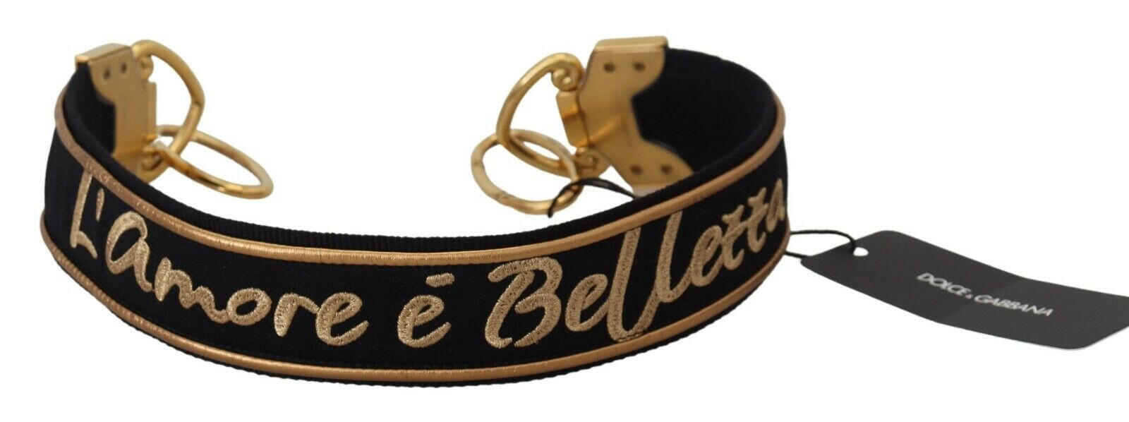 Dolce & Gabbana Black Gold Logo Print Brass Bag Shoulder Strap.