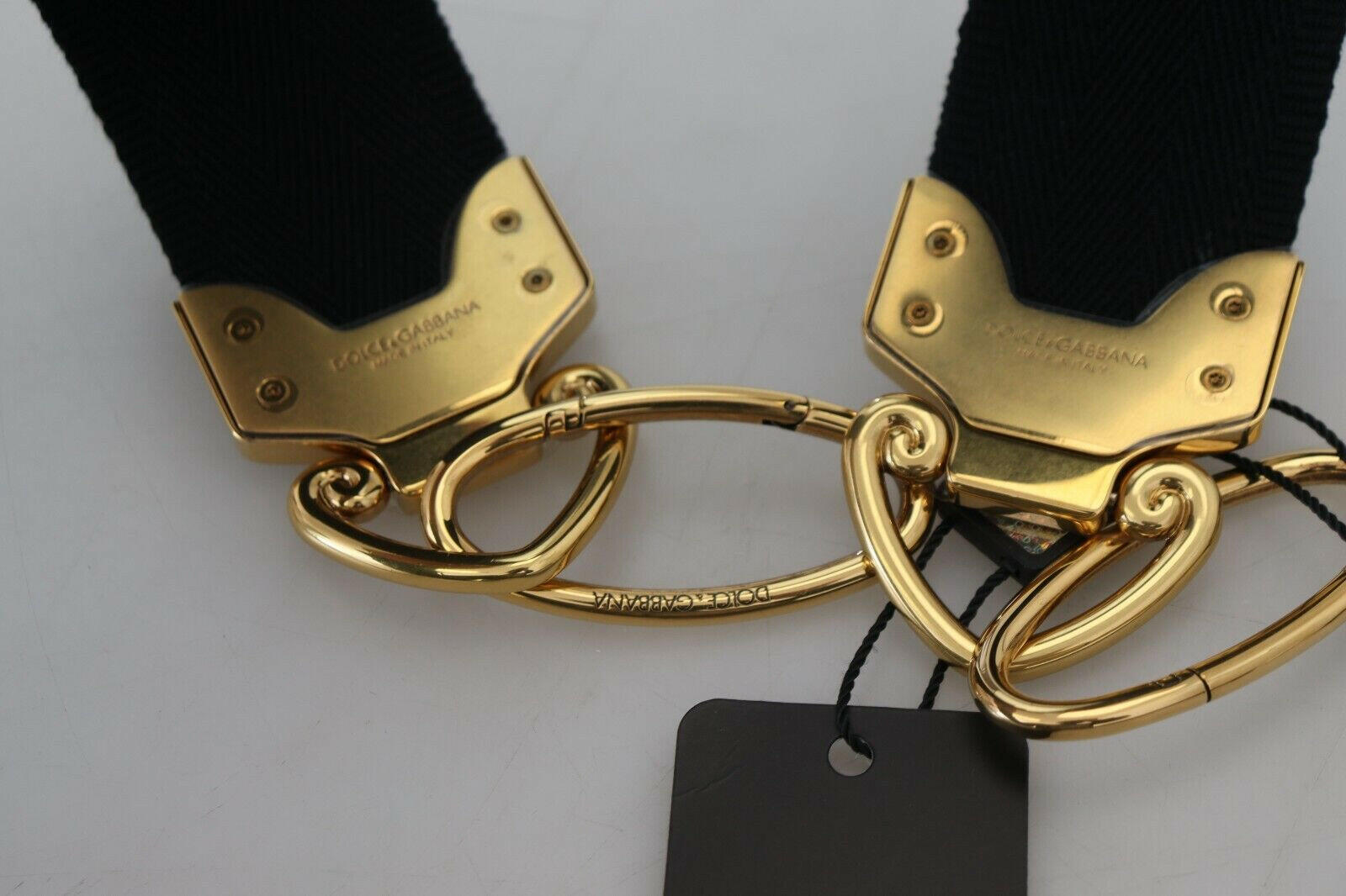 Dolce & Gabbana Black Gold Logo Print Brass Bag Shoulder Strap.