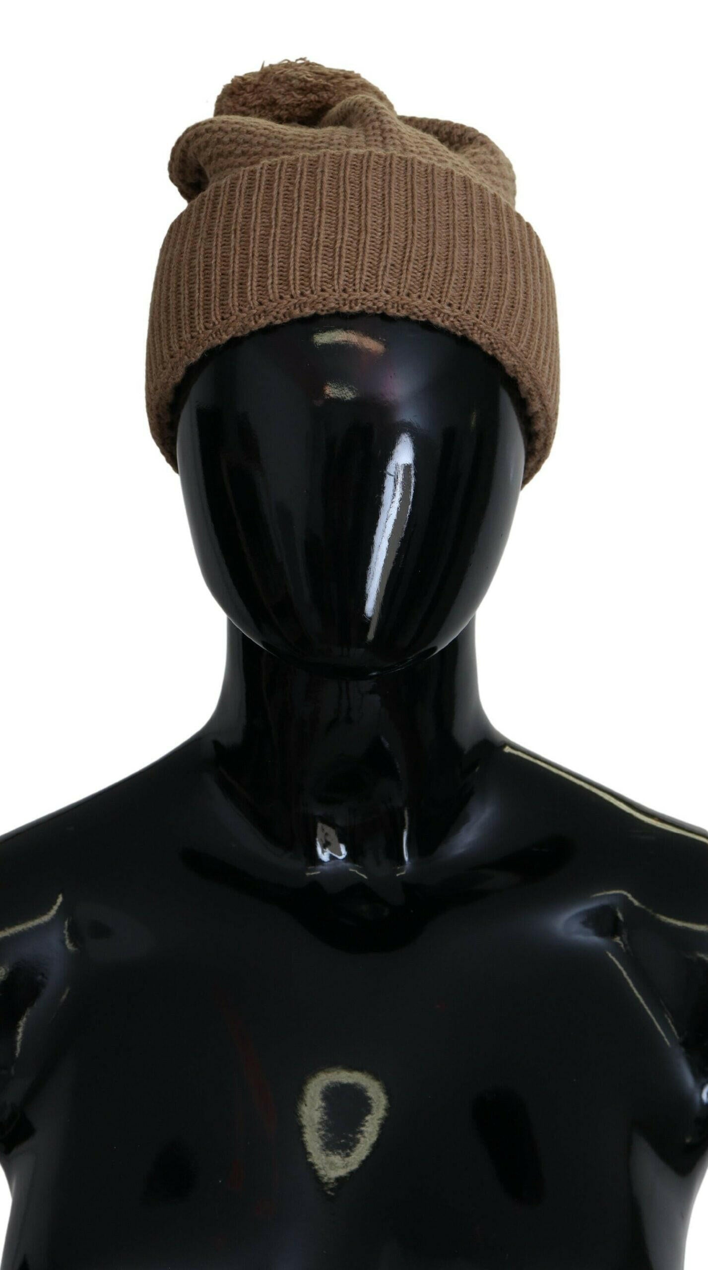 Dolce & Gabbana Brown Solid Knitted Fur Ball Winter Beanie Hat.