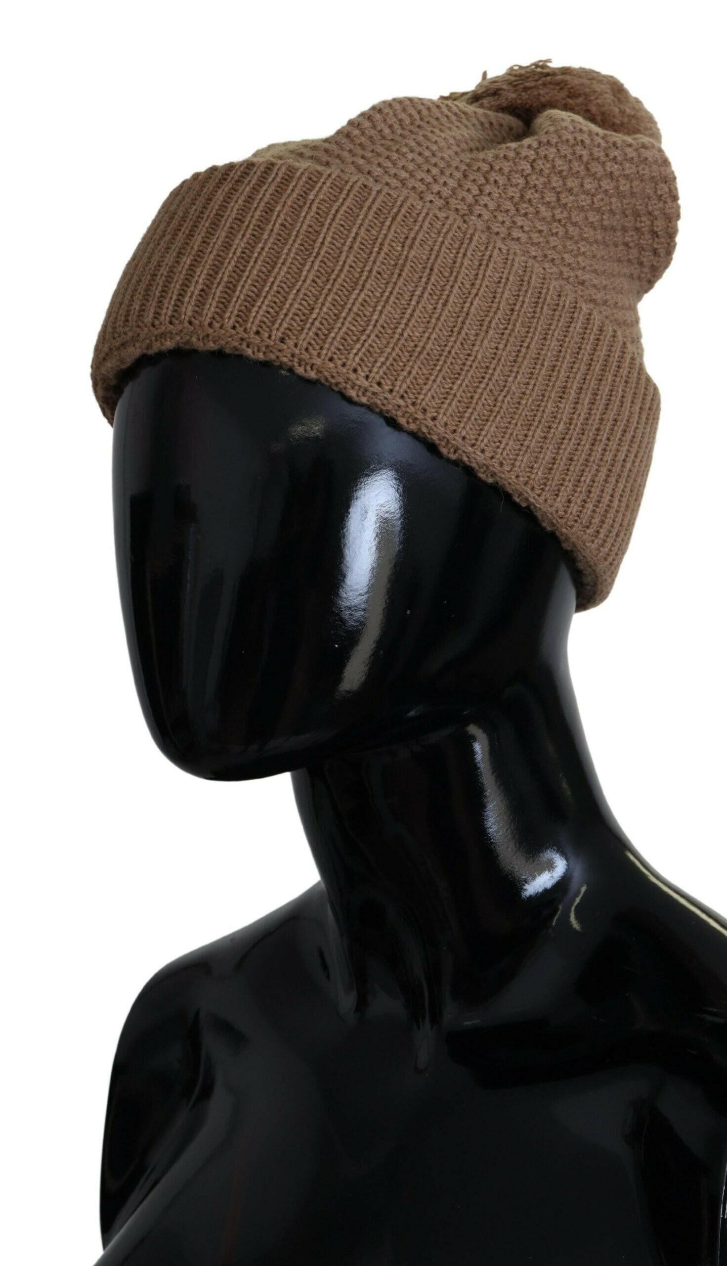 Dolce & Gabbana Brown Solid Knitted Fur Ball Winter Beanie Hat.