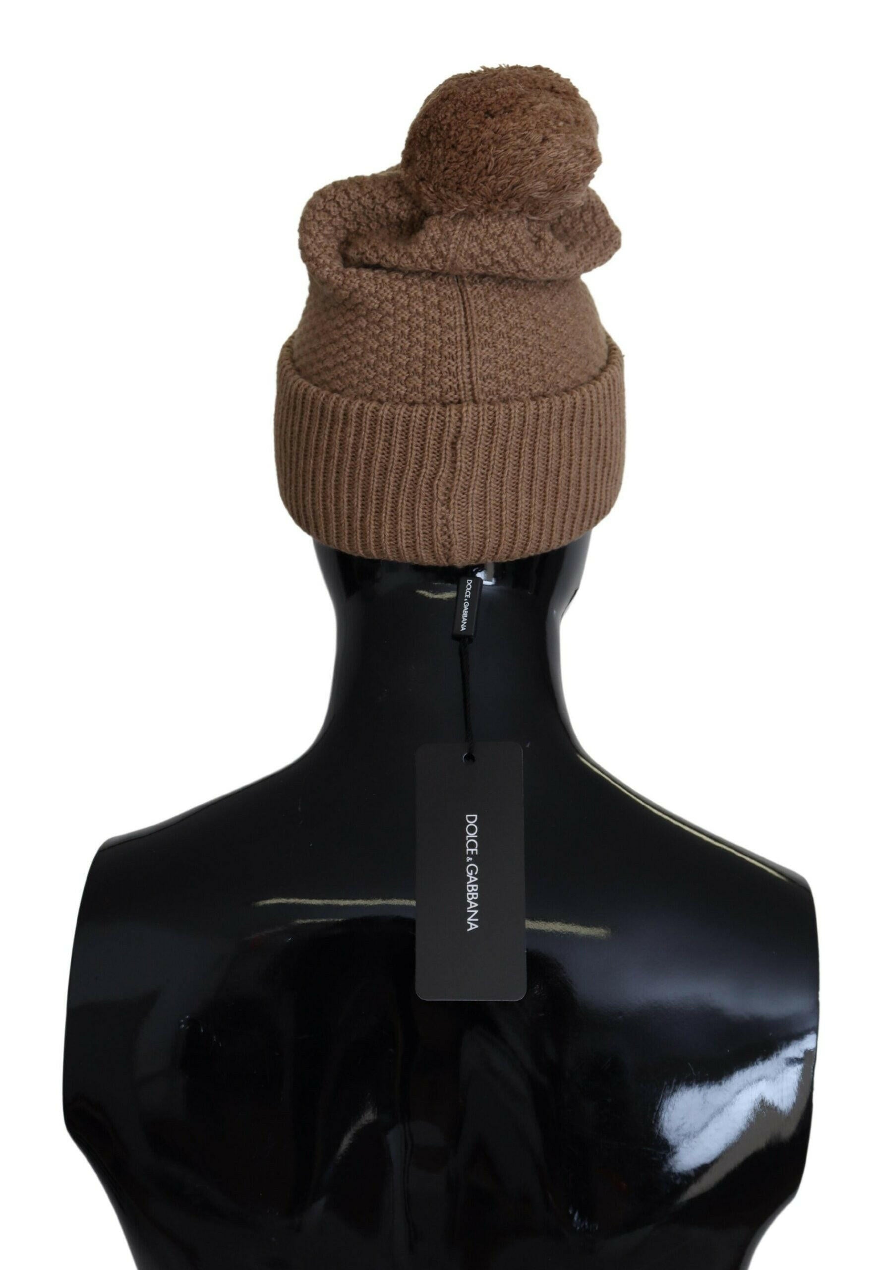 Dolce & Gabbana Brown Solid Knitted Fur Ball Winter Beanie Hat.