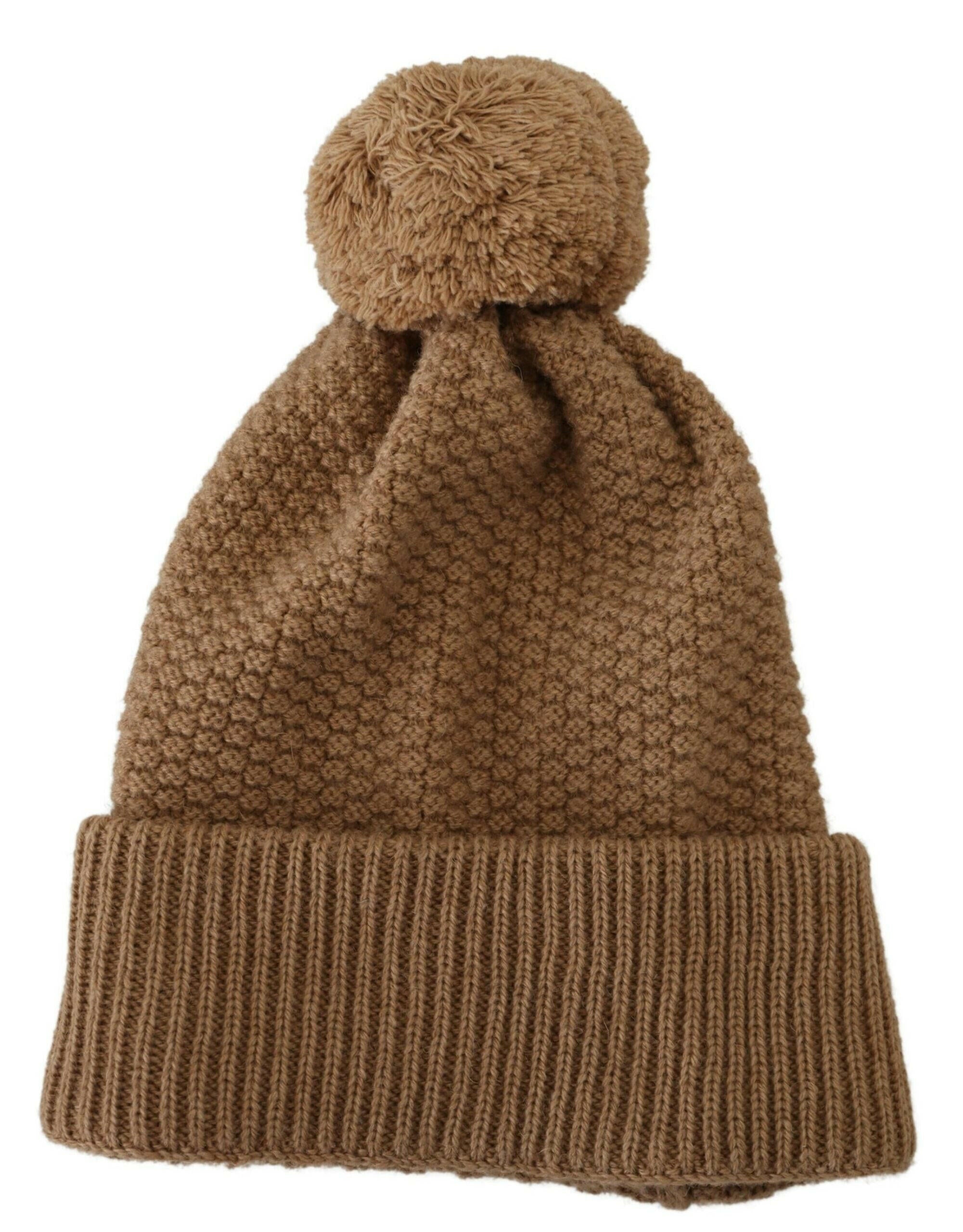 Dolce & Gabbana Brown Solid Knitted Fur Ball Winter Beanie Hat.
