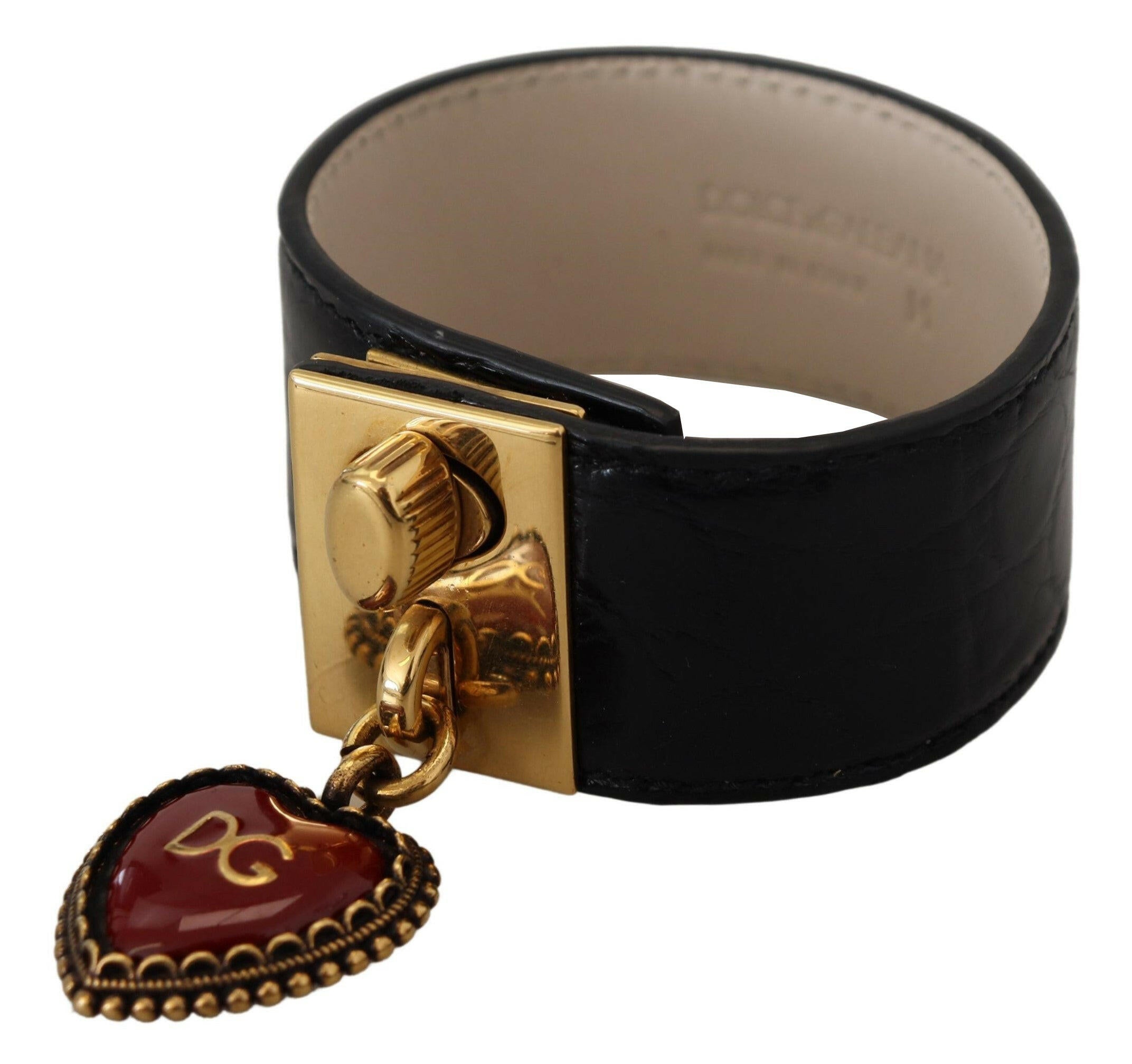 Dolce & Gabbana Black Dauphine Leather DG Heart Key Ring Bracelet.