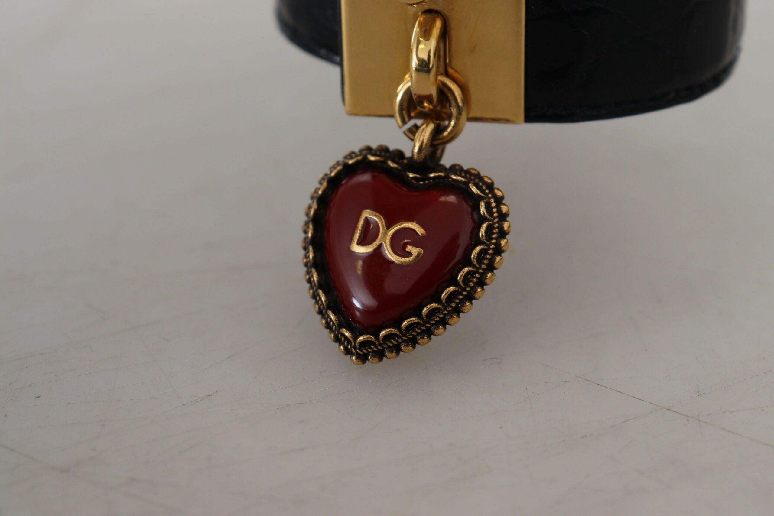 Dolce & Gabbana Black Dauphine Leather DG Heart Key Ring Bracelet.
