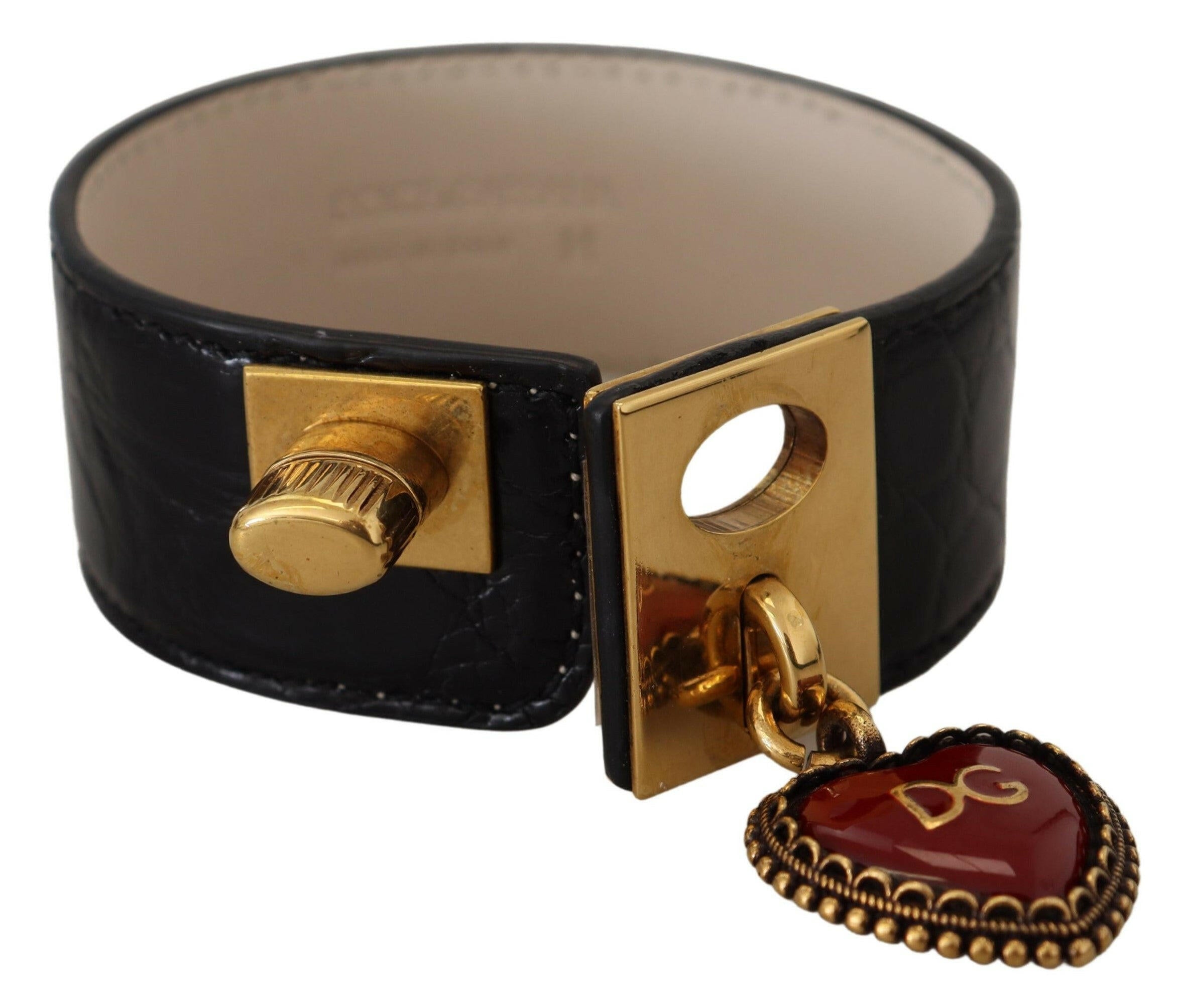 Dolce & Gabbana Black Dauphine Leather DG Heart Key Ring Bracelet.