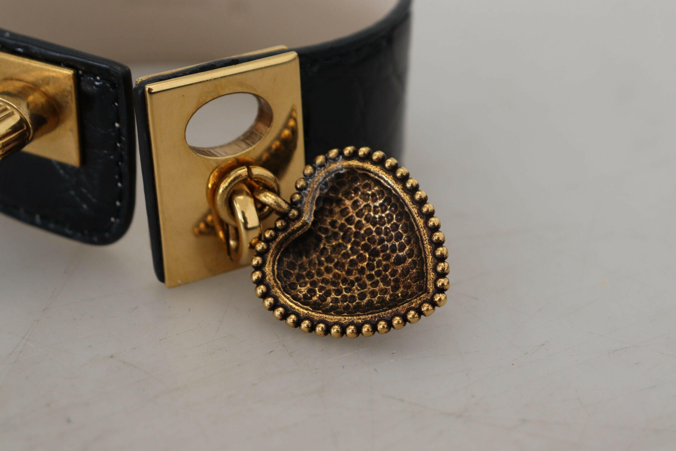 Dolce & Gabbana Black Dauphine Leather DG Heart Key Ring Bracelet.