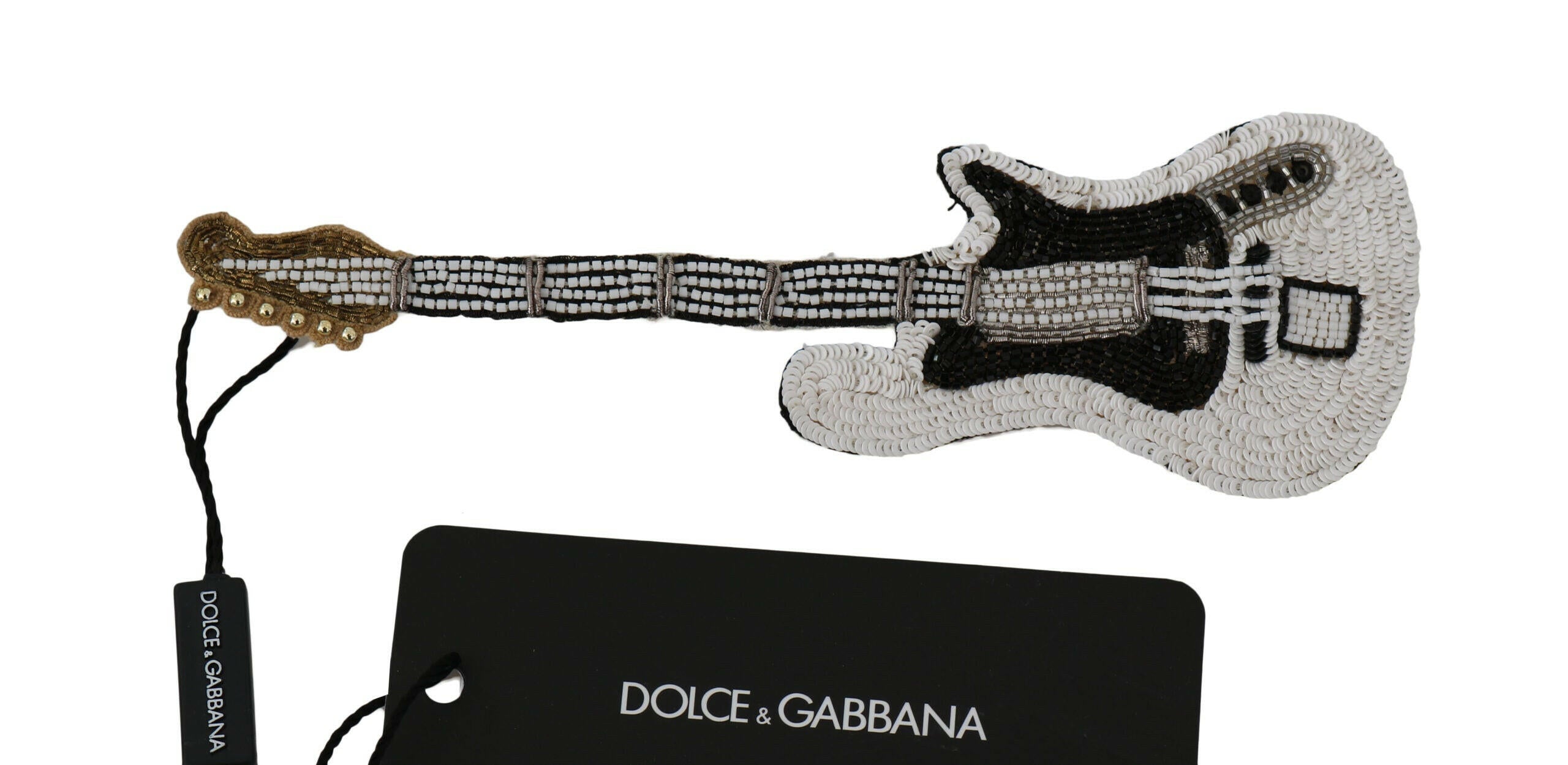 Dolce & Gabbana Gold Brass Beaded Guitar Pin Accessory Brooch.