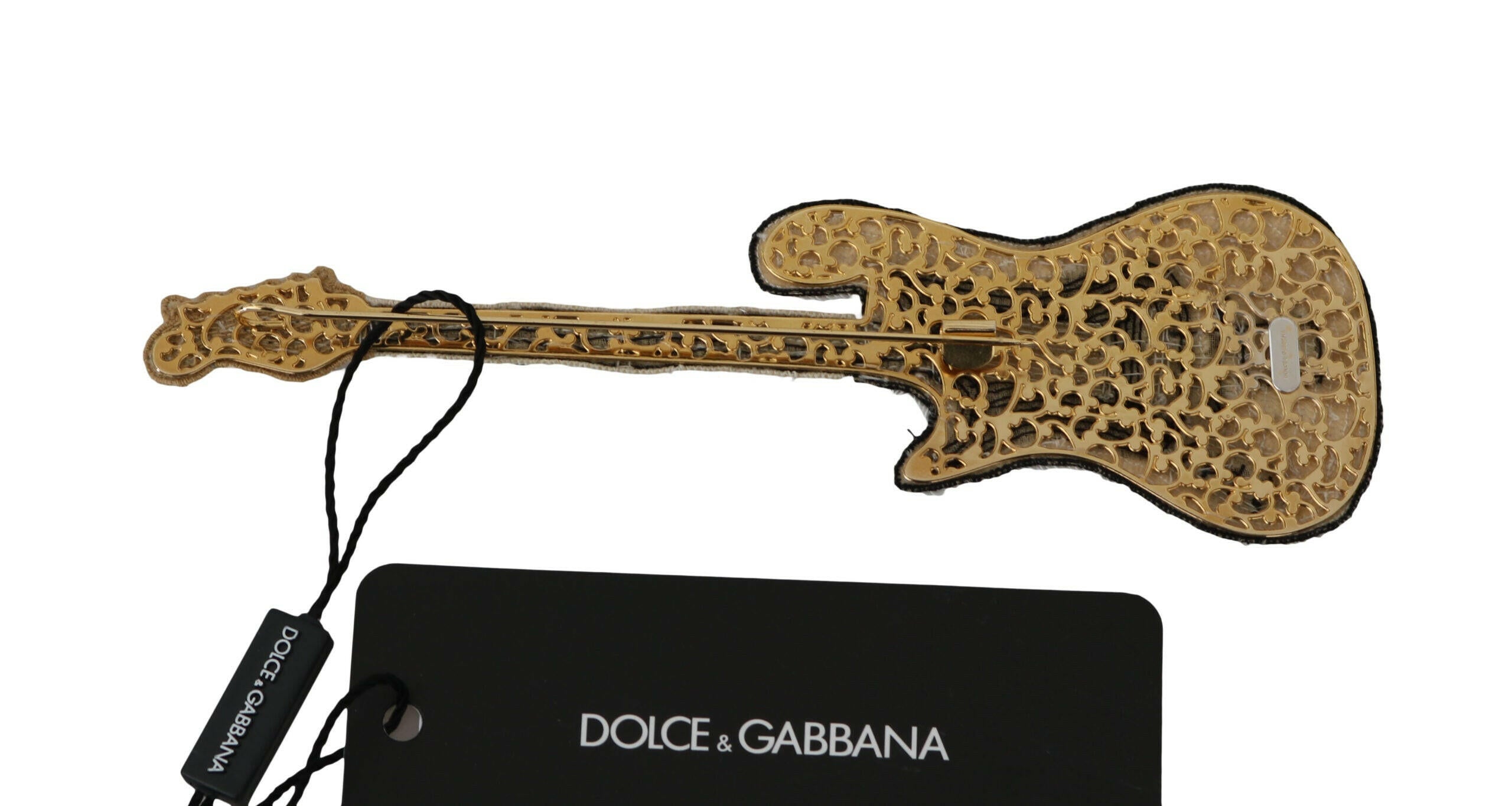 Dolce & Gabbana Gold Brass Beaded Guitar Pin Accessory Brooch.