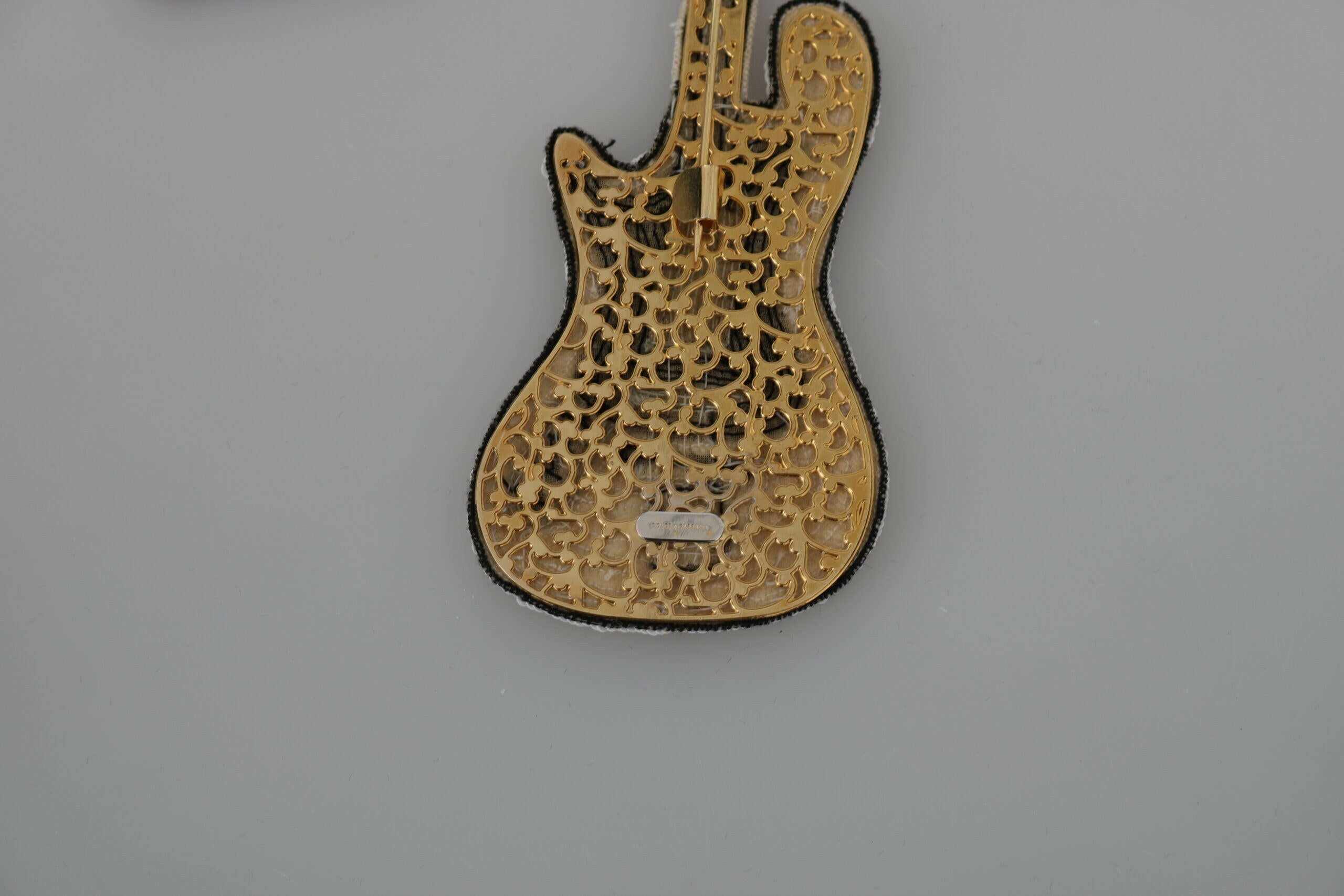 Dolce & Gabbana Gold Brass Beaded Guitar Pin Accessory Brooch.