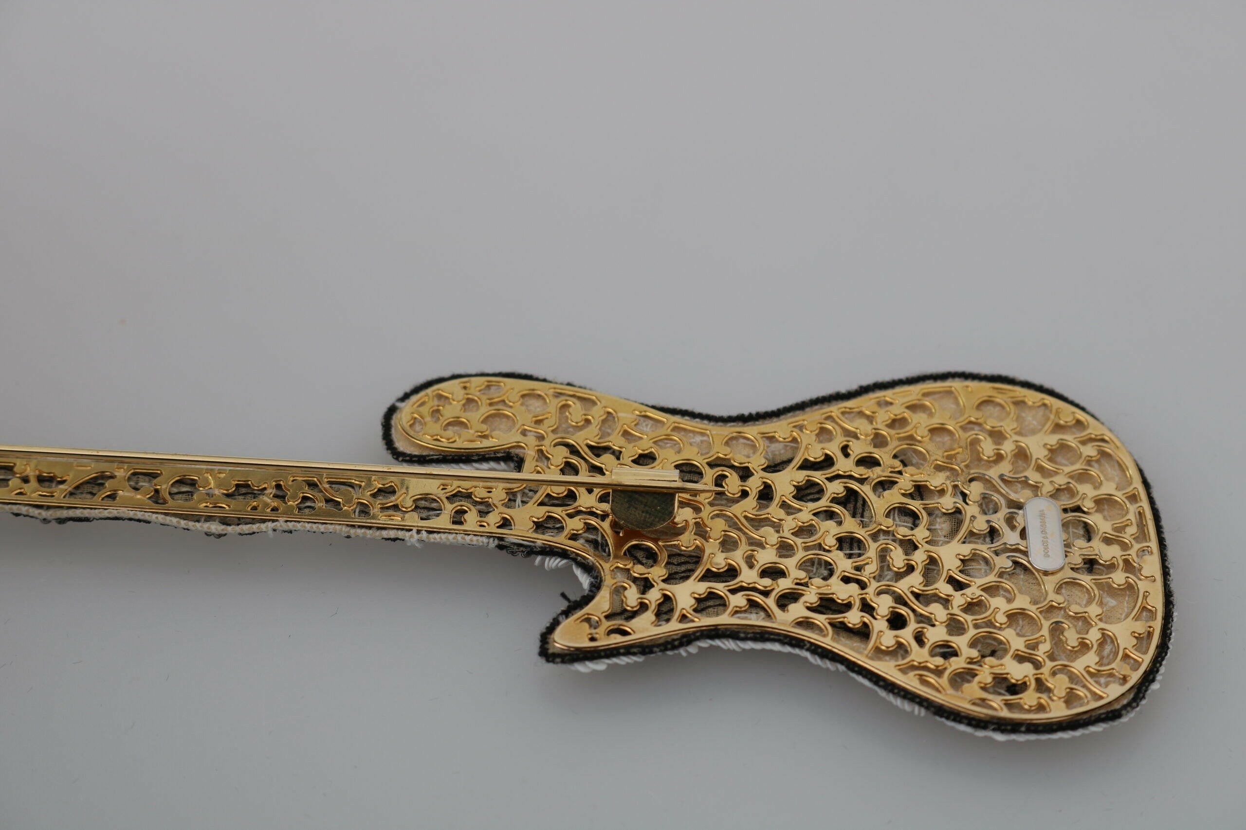 Dolce & Gabbana Gold Brass Beaded Guitar Pin Accessory Brooch.