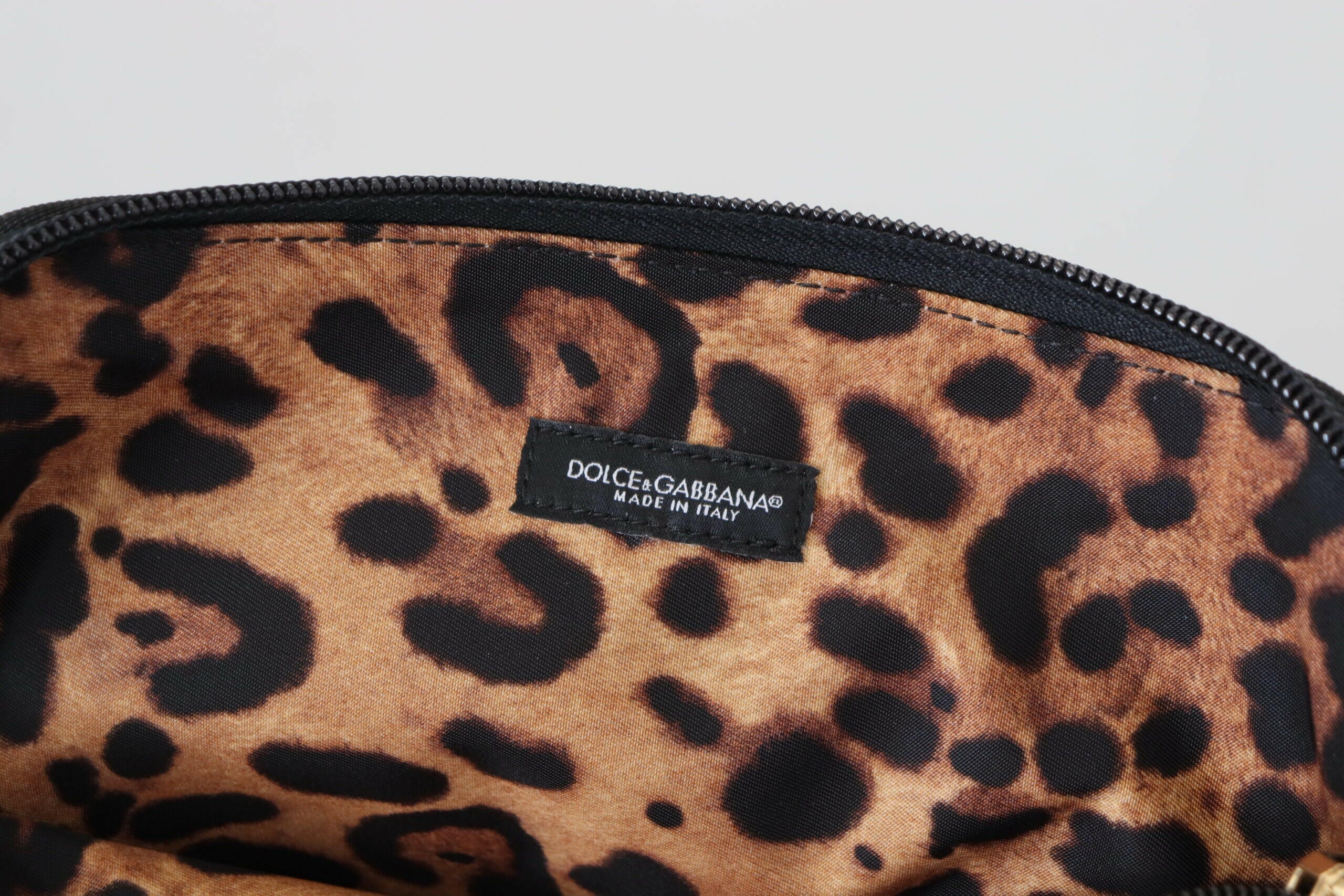 Dolce & Gabbana Blue Logo Print Hand Pouch Leopard Print Toiletry Bag.
