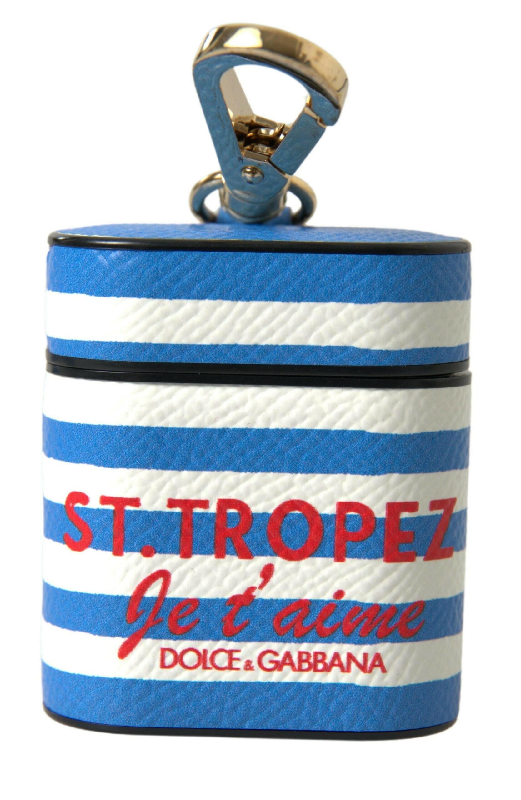 Dolce & Gabbana Blue Stripe Dauphine Leather Logo Print Airpod Case.