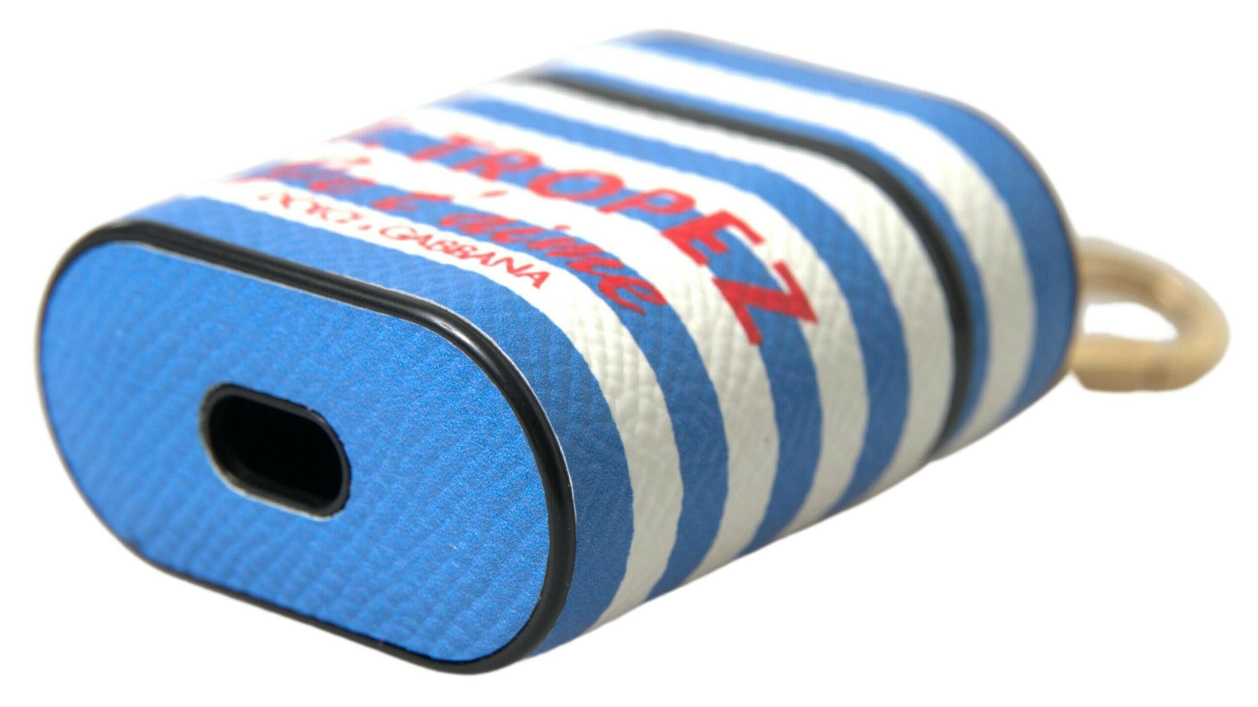 Dolce & Gabbana Blue Stripe Dauphine Leather Logo Print Airpod Case.