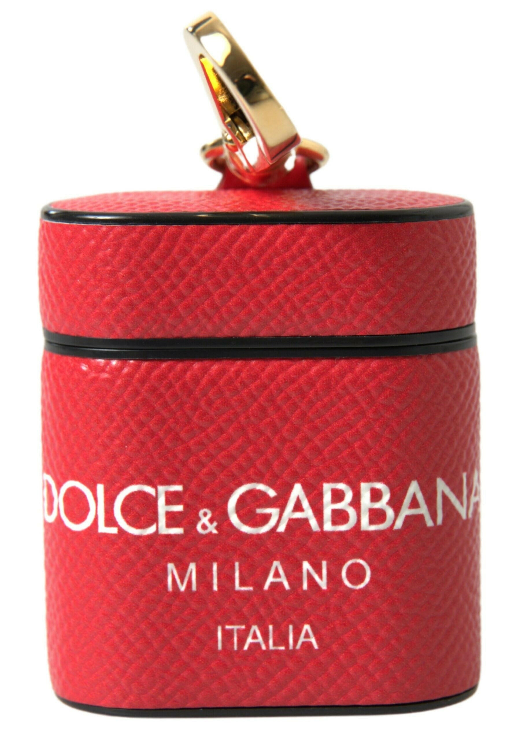 Dolce & Gabbana Red Leather Gold Tone Metal Logo Print Airpods Case.