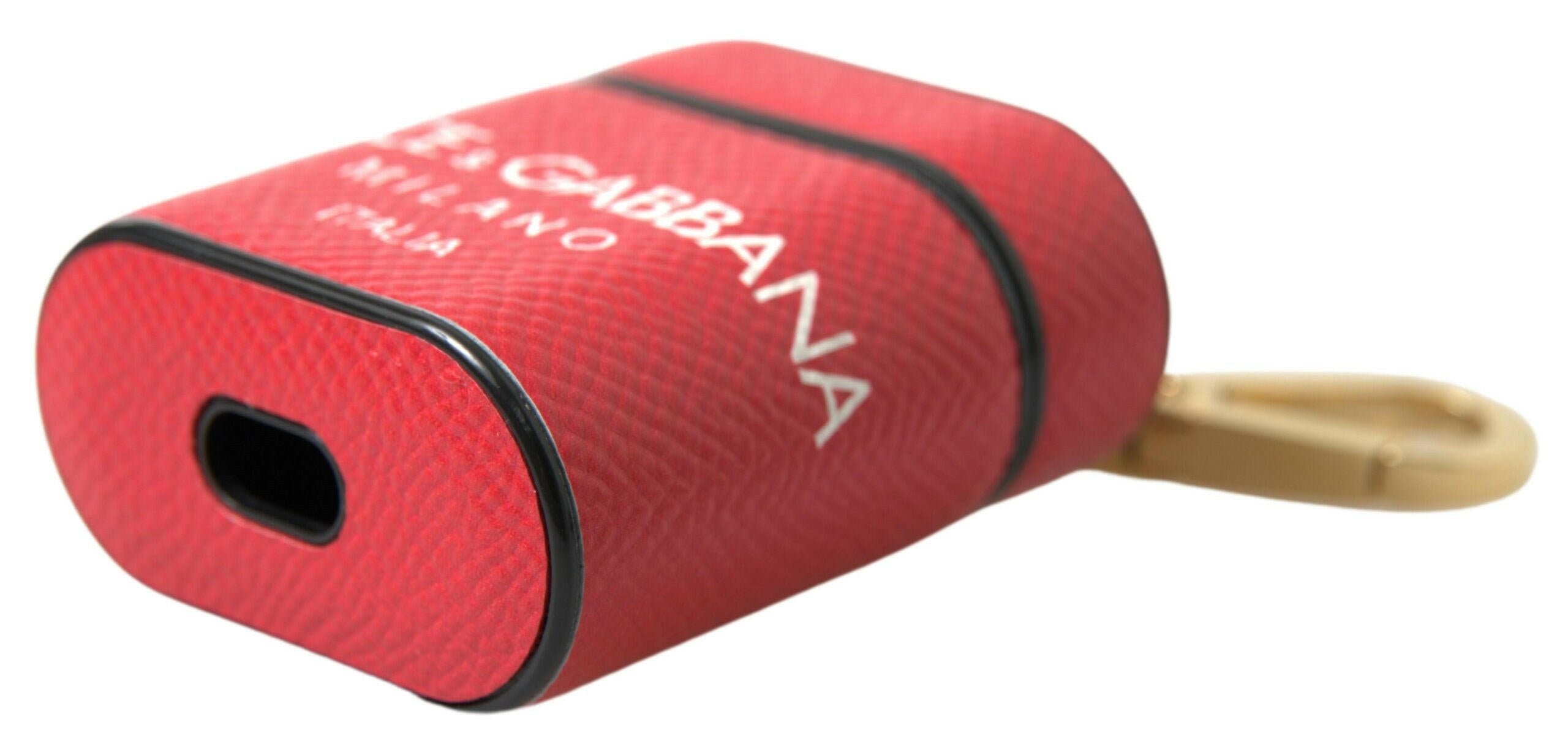 Dolce & Gabbana Red Leather Gold Tone Metal Logo Print Airpods Case.