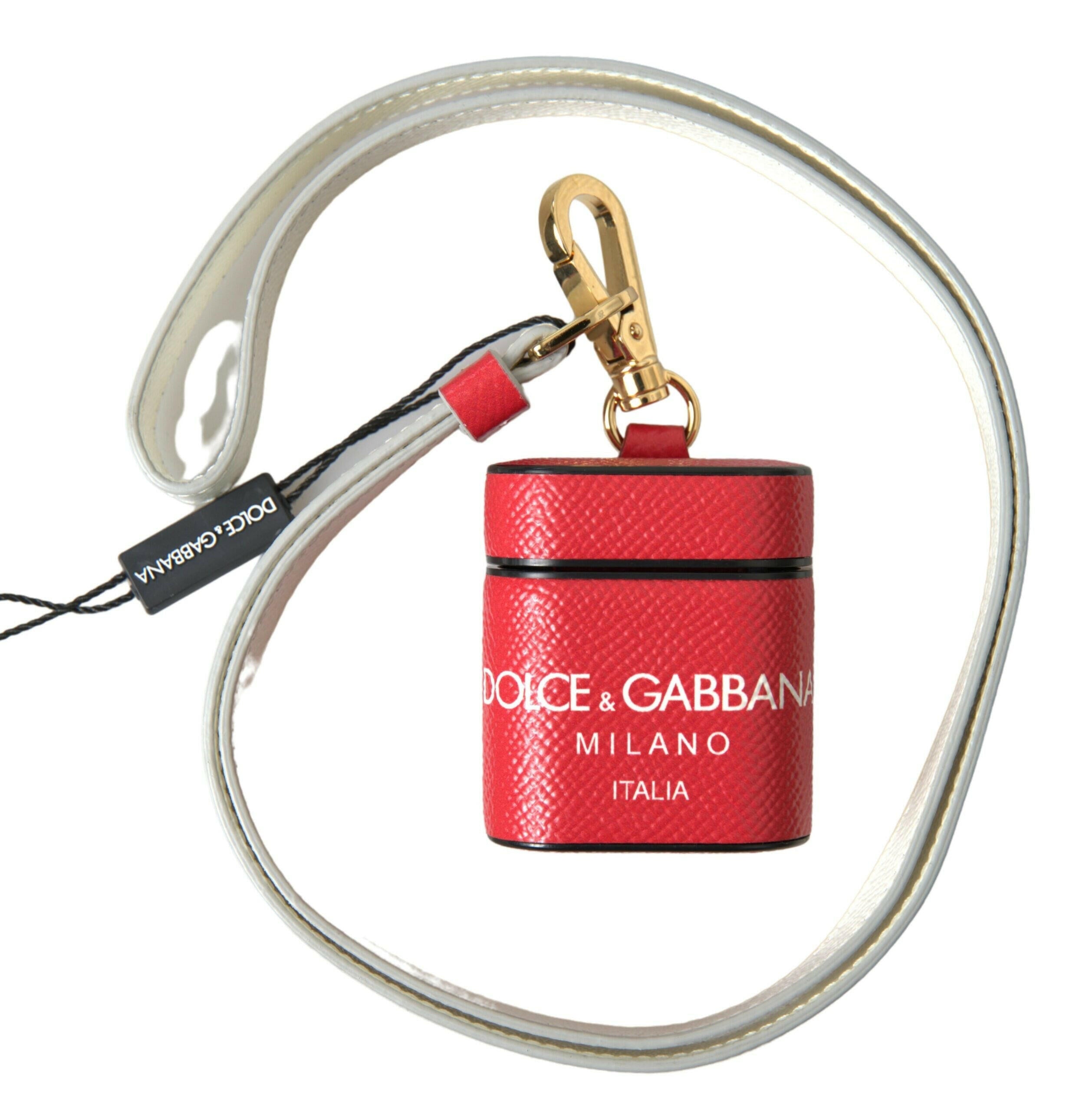 Dolce & Gabbana Red Leather Gold Tone Metal Logo Print Airpods Case.