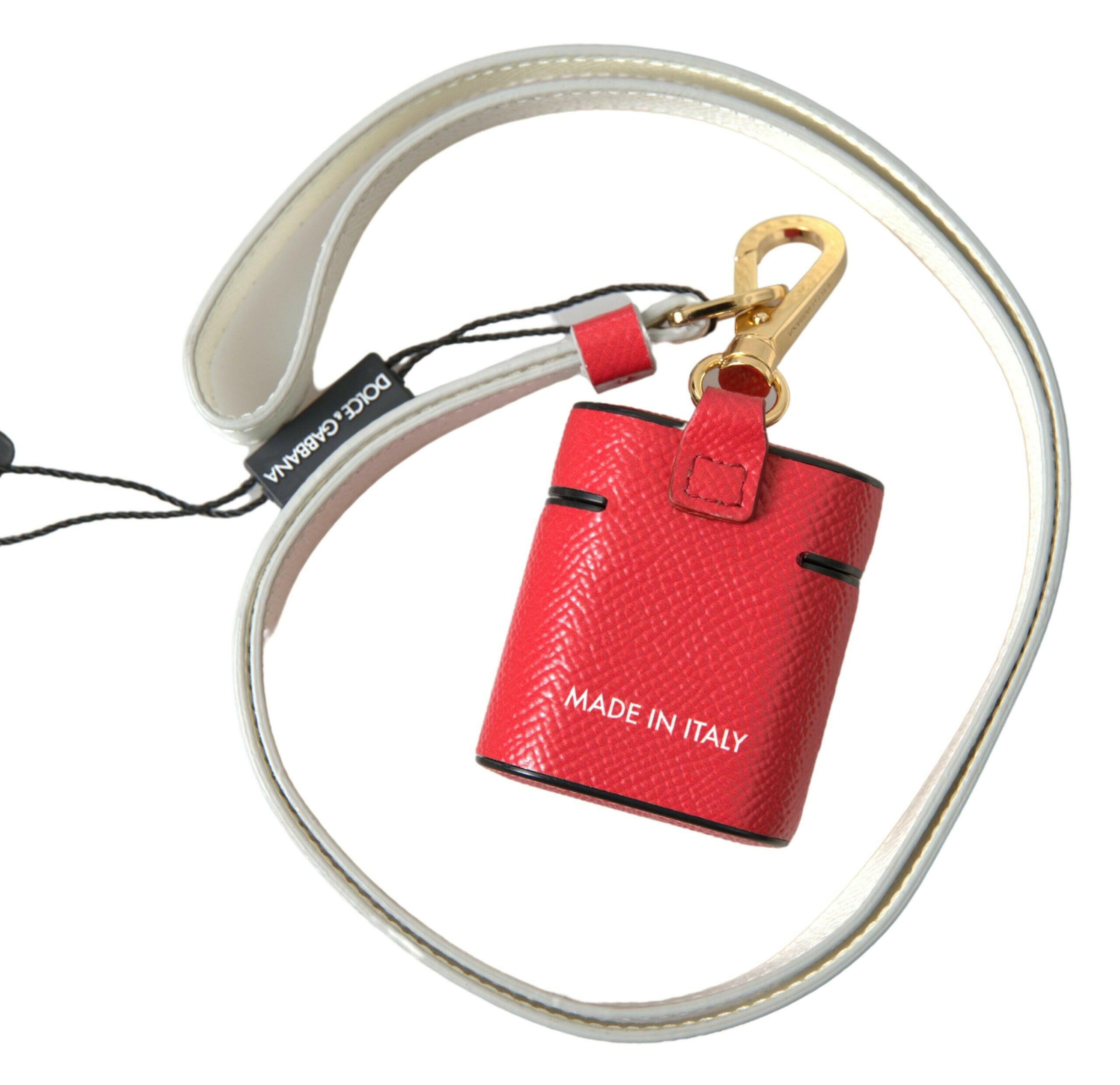 Dolce & Gabbana Red Leather Gold Tone Metal Logo Print Airpods Case.